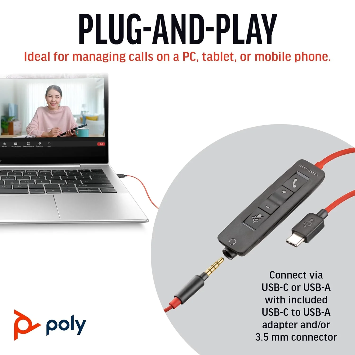 Poly (Plantronics) Blackwire 3225 USB-C Headset, On Ear w/Noise-canceling mic, Connect to Mobile/Tablet via USB-C/A, Lightweight Metal Headband, Works w/Teams, Zoom and More, Black, 8G0X1AA - Image 5