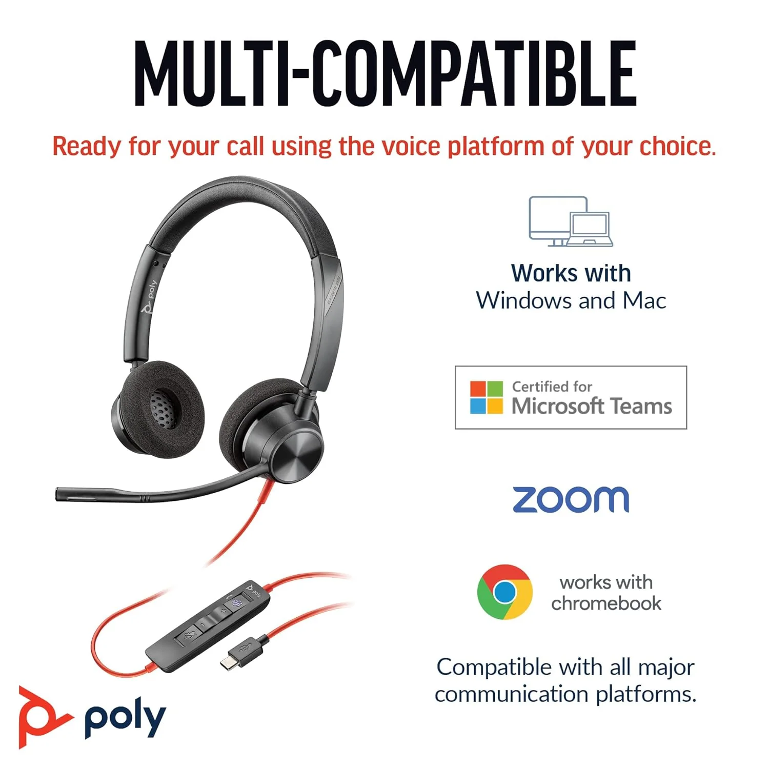 Poly (Plantronics) Blackwire 3320 Stereo Headset, On-Ear w/Noise-canceling mic, 130g, Connect to Mobile/Tablet via USB-C/A, 180-degree pivoting Speakers, Dynamic EQ, Hi-Fi Stereo, Black, 8G0Y9AA - Image 3