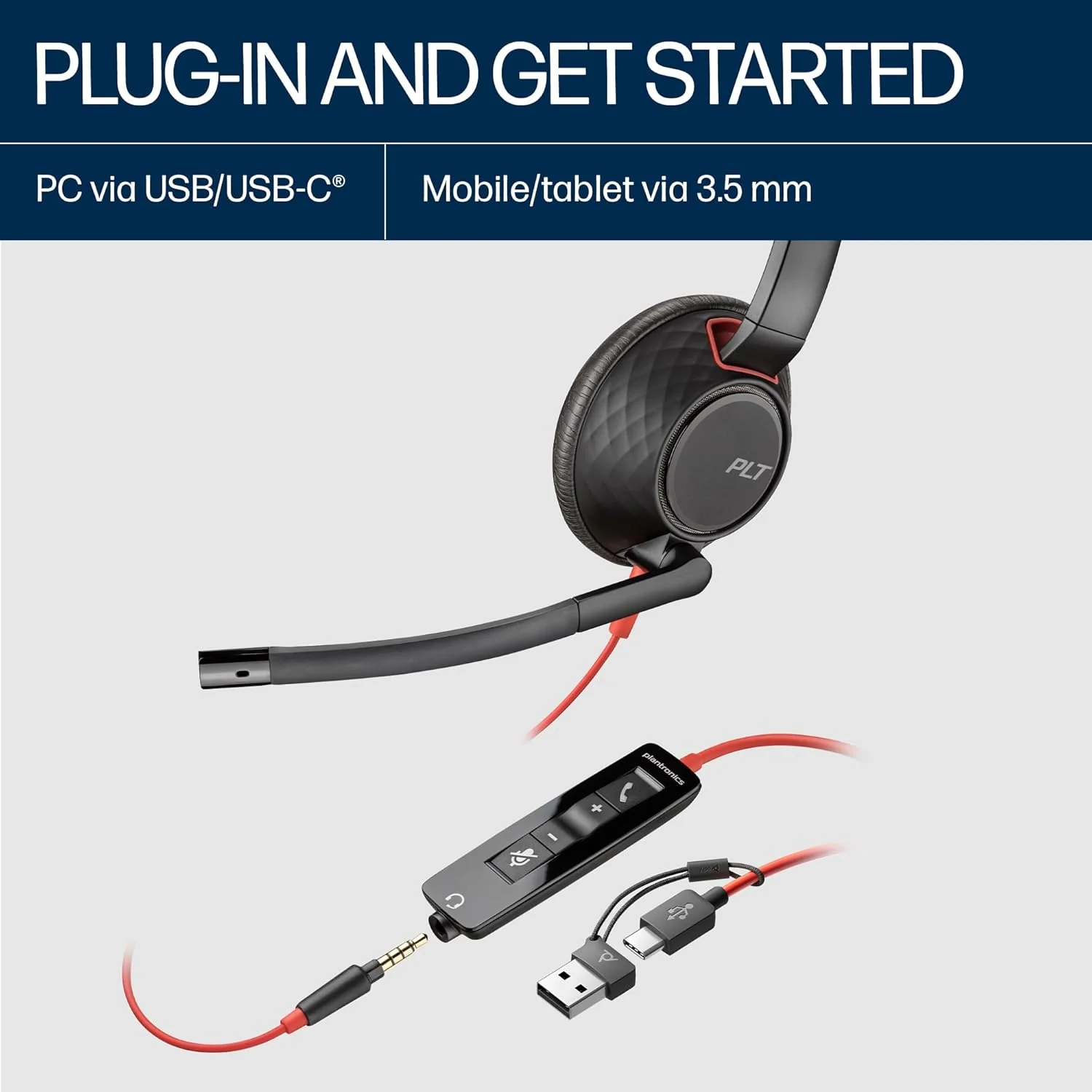 Poly (Plantronics) Blackwire 5220 Stereo Headset, Over-Ear w/Noise-canceling mic, 164g, Connect to Mobile/Tablet via 3.5 mm and PC via USB-C/A, Dynamic EQ, Hi-Fi Stereo, Black, 7S4B3AA - Image 3