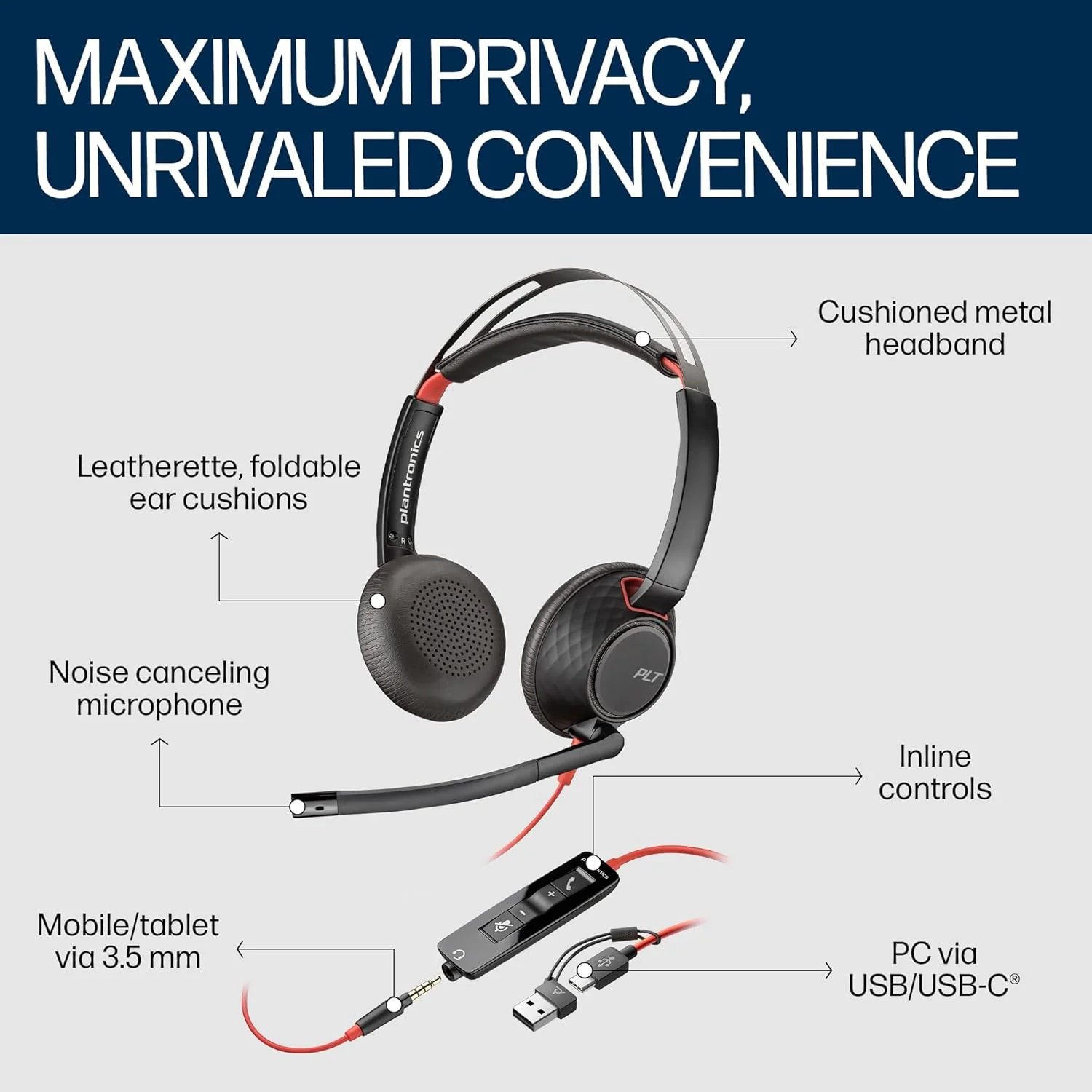 Poly (Plantronics) Blackwire 5220 Stereo Headset, Over-Ear w/Noise-canceling mic, 164g, Connect to Mobile/Tablet via 3.5 mm and PC via USB-C/A, Dynamic EQ, Hi-Fi Stereo, Black, 7S4B3AA - Image 8