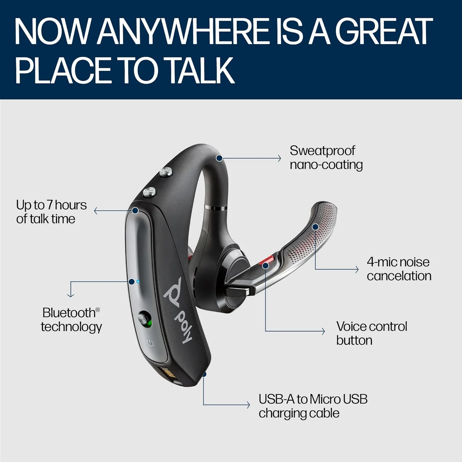 POLY Voyager 5200 Wireless Headset,Single-Ear W/Noise-Canceling Mic,Lightweight Only 20G,Connect to Mobile/Tablet Via Bluetooth,Sweatproof,Up to 7 Hours Talk Time,1-Year Warranty,Black,7S431Aa-In Ear - Image 9