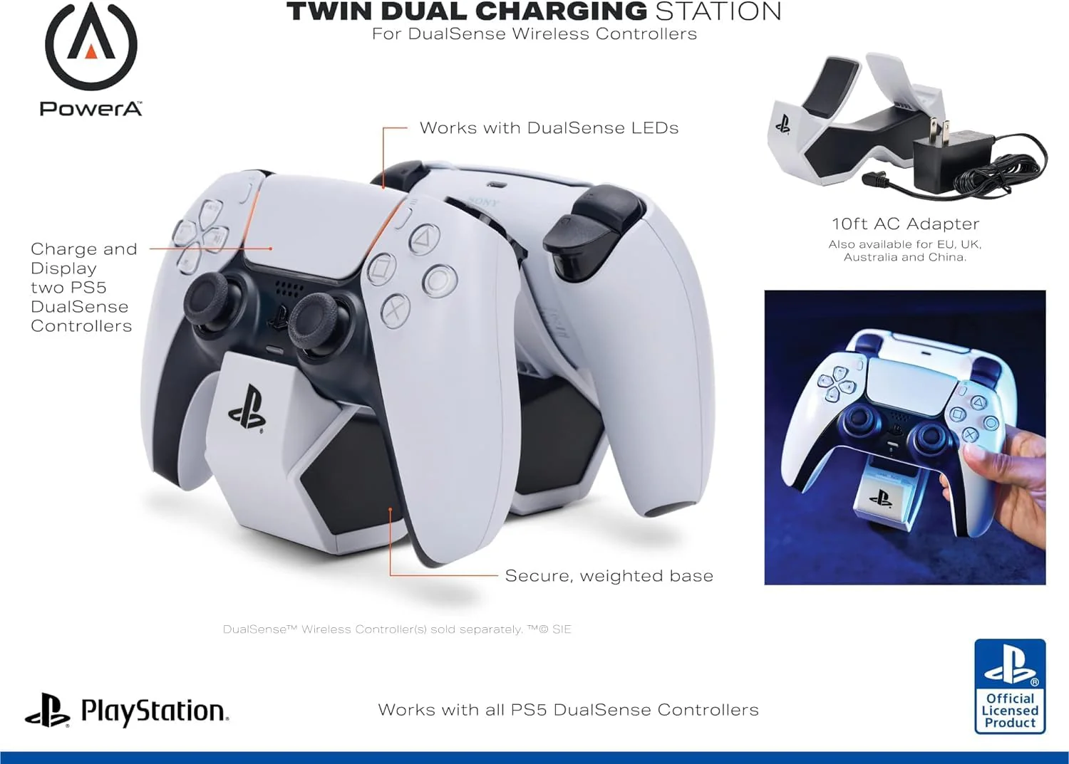 PowerA Twin Charging Station For PS5 Dualsense & Dualsense Edge Wireless Controllers,AC Adaptor Included,With LED Indicator,Vertical Dual Controller Fast Charging Dock (Officially Licensed),White - Image 2