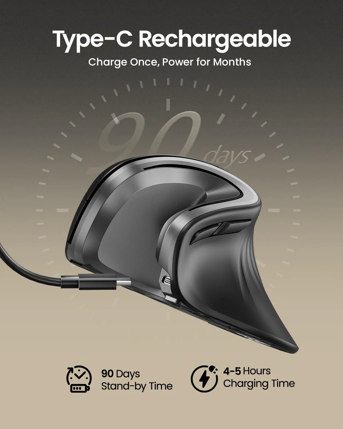 ProtoArc Ergonomic Mouse, EM11 NL Bluetooth Rechargeable Wireless Vertical Mouse, 3 Multi-Device Connectivity for Computer/PC/Laptop, 2.4GHz Optical Mice for Windows, Mac OS, Grey - Image 2