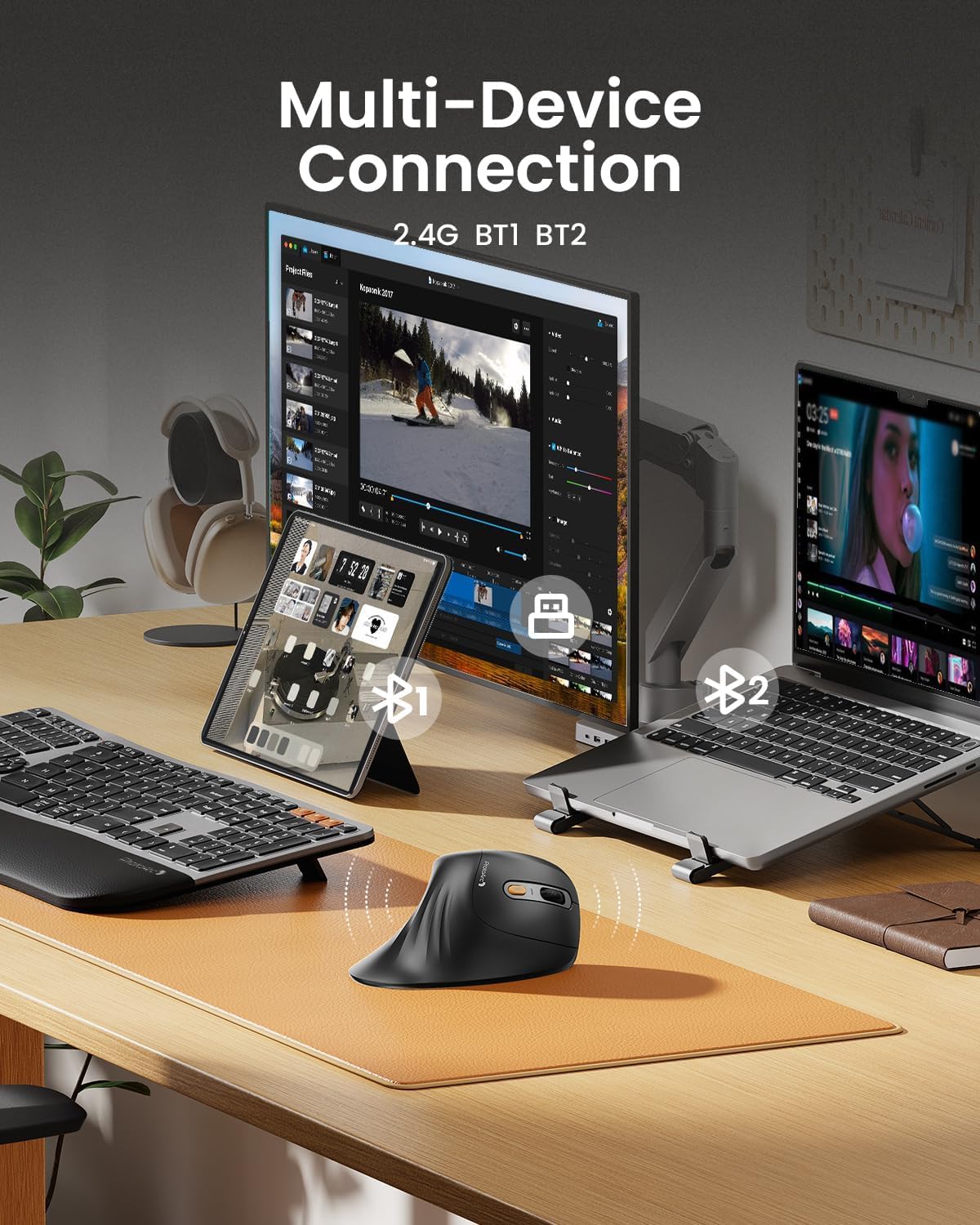 ProtoArc Ergonomic Mouse, EM11 NL Bluetooth Rechargeable Wireless Vertical Mouse, 3 Multi-Device Connectivity for Computer/PC/Laptop, 2.4GHz Optical Mice for Windows, Mac OS, Grey - Image 3