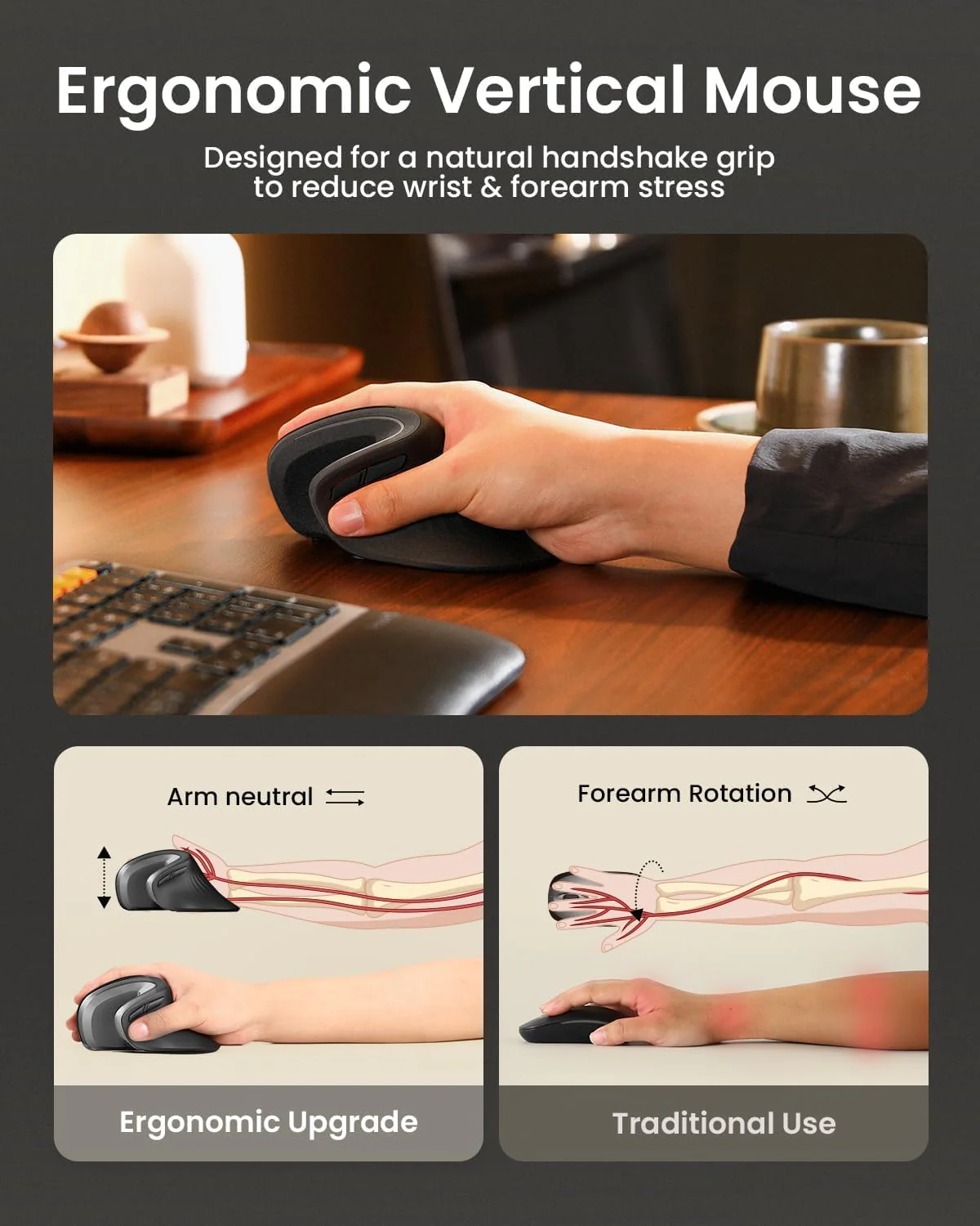 ProtoArc Ergonomic Mouse, EM11 NL Bluetooth Rechargeable Wireless Vertical Mouse, 3 Multi-Device Connectivity for Computer/PC/Laptop, 2.4GHz Optical Mice for Windows, Mac OS, Grey - Image 5