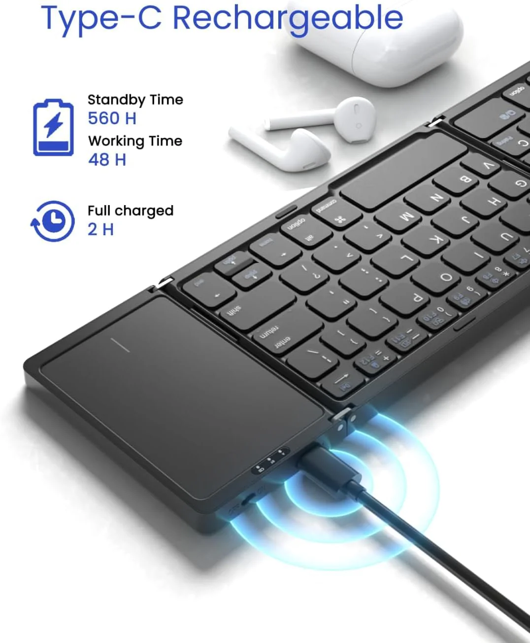 Qinda Wireless Bluetooth Keyboard, Portable Wireless Bluetooth Keyboard with Larger TouchPad Pocket-Sized Travel Keyboard for MacOS/iOS,Android,Windows sync up to 3 Devices, Black - Image 4