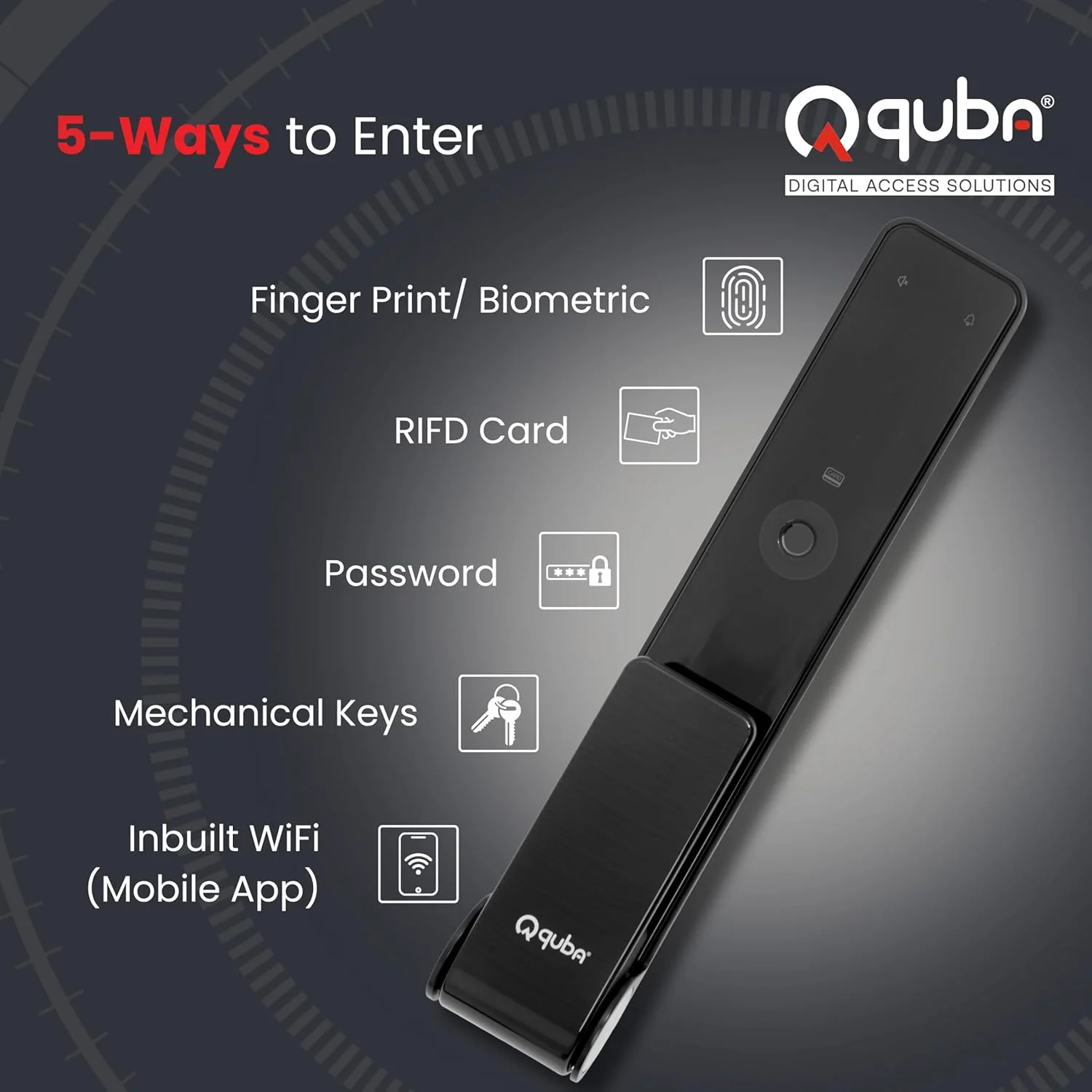 Quba QUANTRA Award-Winning Digital Lock | 5-Way Access Push-Pull Smart Lock | Black | WiFi & Fire Safety with Red Dot Design | Video Call & Emergency Exit - Image 2