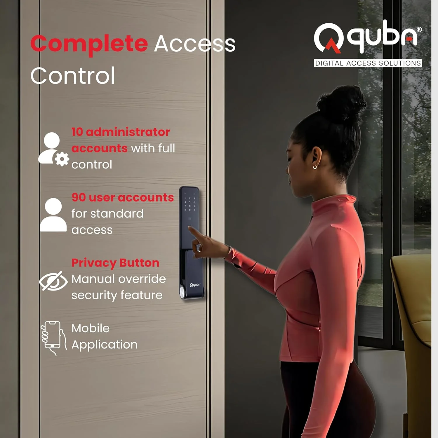 Quba QUANTRA Award-Winning Digital Lock | 5-Way Access Push-Pull Smart Lock | Black | WiFi & Fire Safety with Red Dot Design | Video Call & Emergency Exit - Image 4