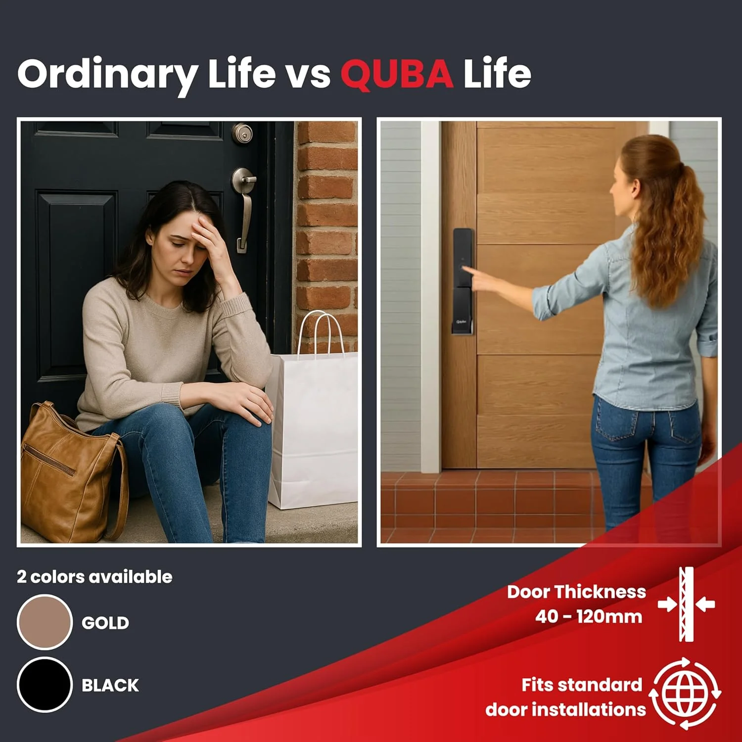 Quba QUANTRA Award-Winning Digital Lock | 5-Way Access Push-Pull Smart Lock | Black | WiFi & Fire Safety with Red Dot Design | Video Call & Emergency Exit - Image 5