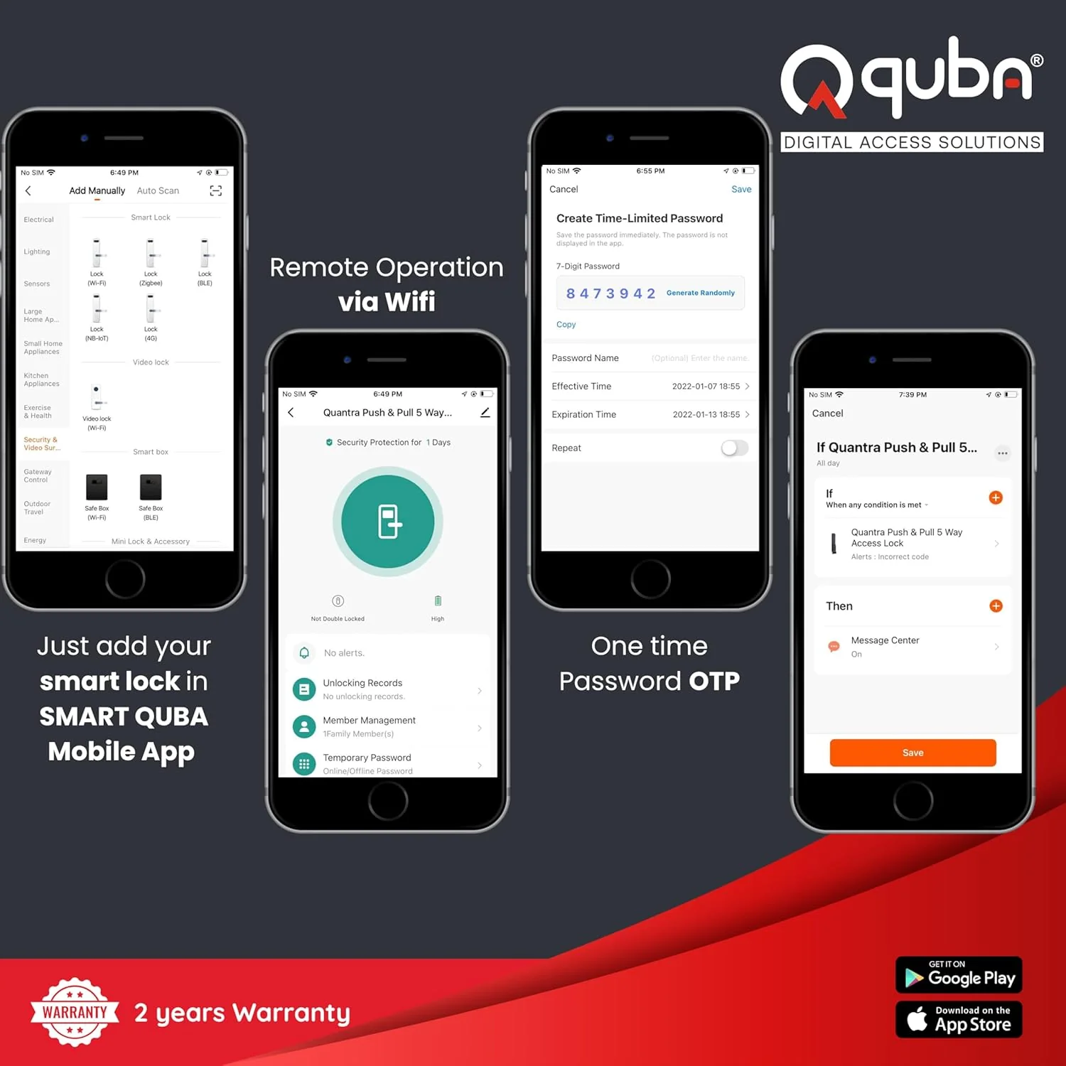 Quba QUANTRA Award-Winning Digital Lock | 5-Way Access Push-Pull Smart Lock | Black | WiFi & Fire Safety with Red Dot Design | Video Call & Emergency Exit - Image 6