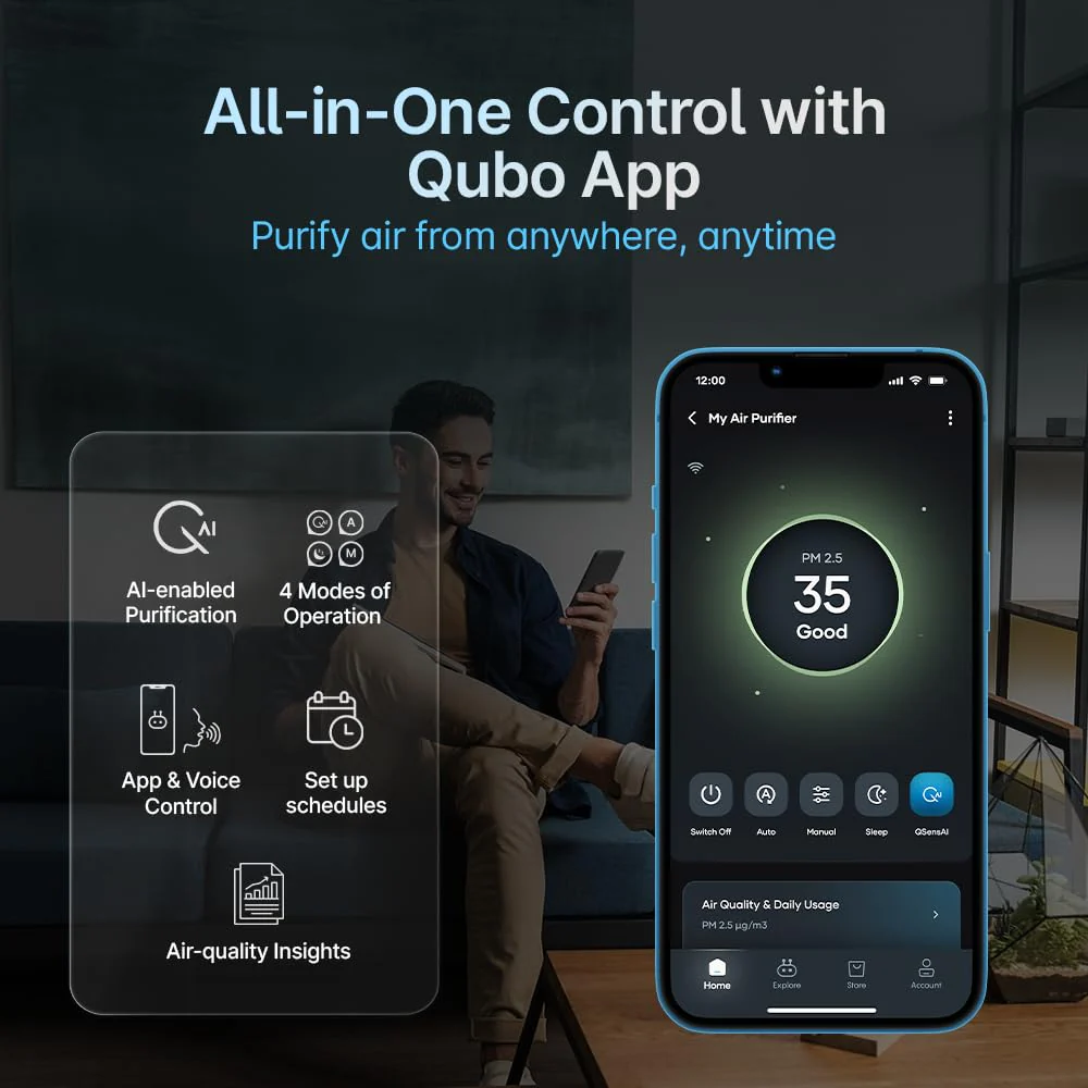 Qubo Smart Air Purifier Q200 for Home by Hero Group | Upto 200 Sq Ft | 99.99% Allergen Removal | HEPA H13 | 9000 Hrs Filter Life | App & Voice Control | Energy Saving | Ultra-Quiet BLDC Motor - Image 6