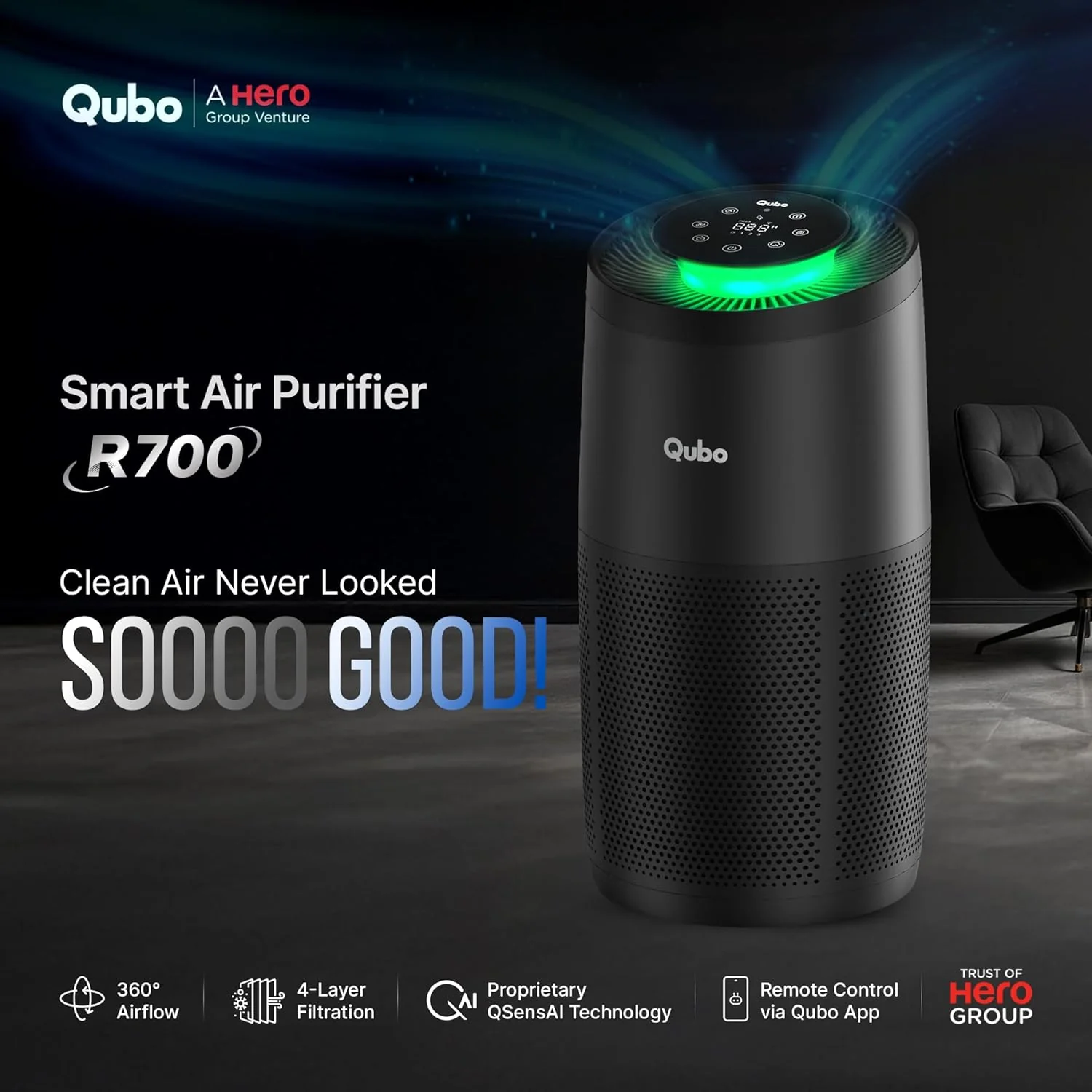 Qubo Smart Air Purifier R700 for Home by Hero Group | 700 Sq Ft | 99.99% Allergen Removal | HEPA H13 | 9000 Hrs Filter Life | App & Voice Control | Energy Saving | Ultra-Quiet BLDC Motor - Image 2