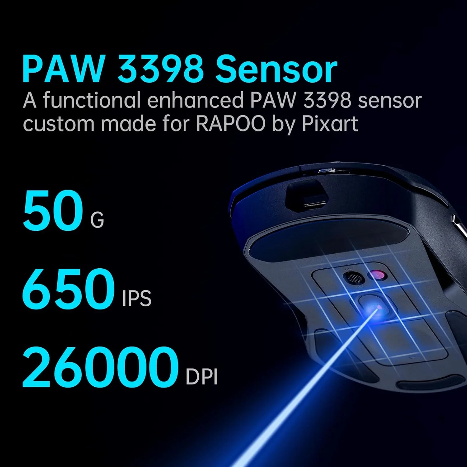 Rapoo VT9PRO Superlight Wireless Gaming Mouse - PAW 3398 Esports Sensor, 50-26000 DPI, 1K+4K Polling Rate, 1ms Response Time, 68g Lightweight, 10 Buttons, 160H Battery, On Board Memory - Black - Image 2