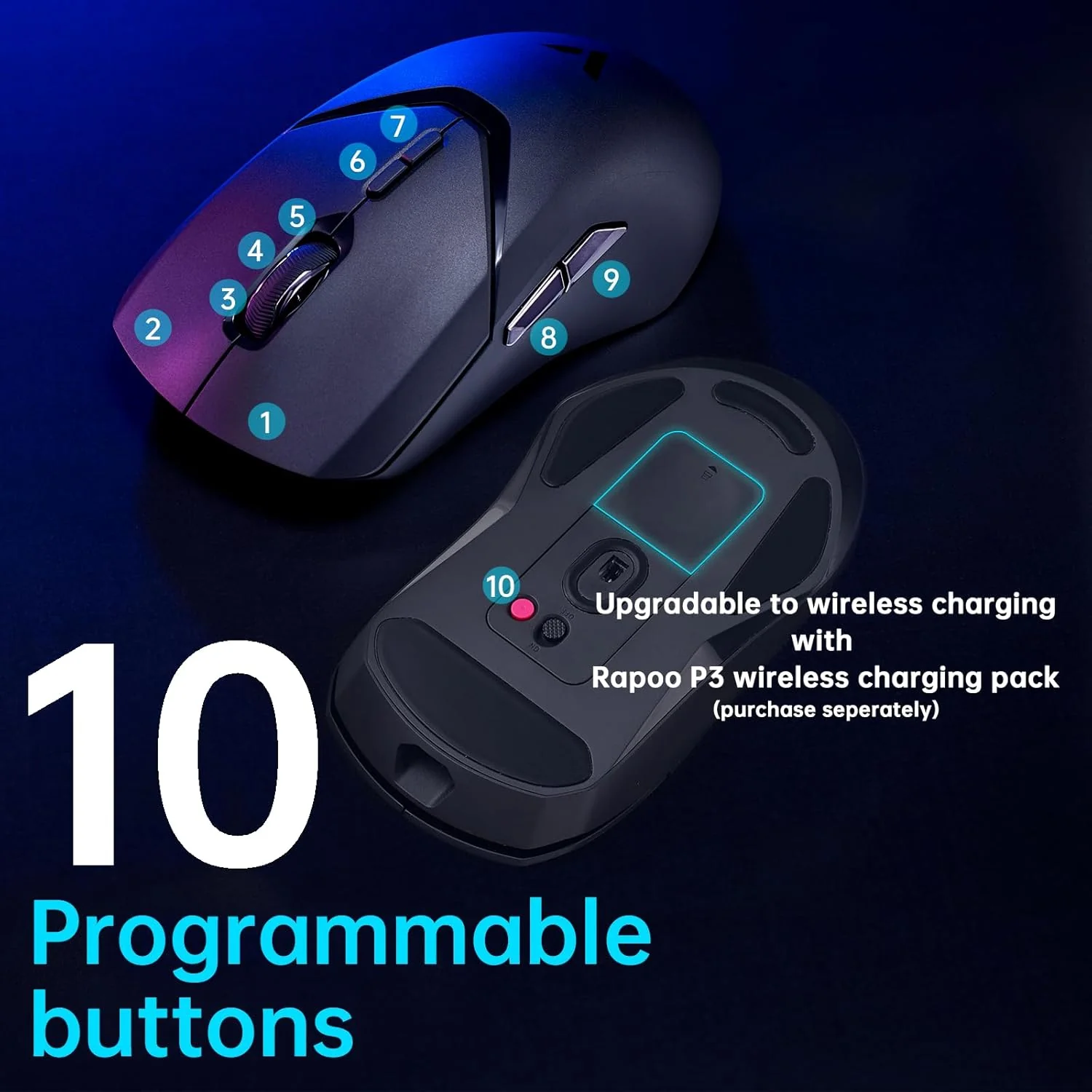 Rapoo VT9PRO Superlight Wireless Gaming Mouse - PAW 3398 Esports Sensor, 50-26000 DPI, 1K+4K Polling Rate, 1ms Response Time, 68g Lightweight, 10 Buttons, 160H Battery, On Board Memory - Black - Image 4