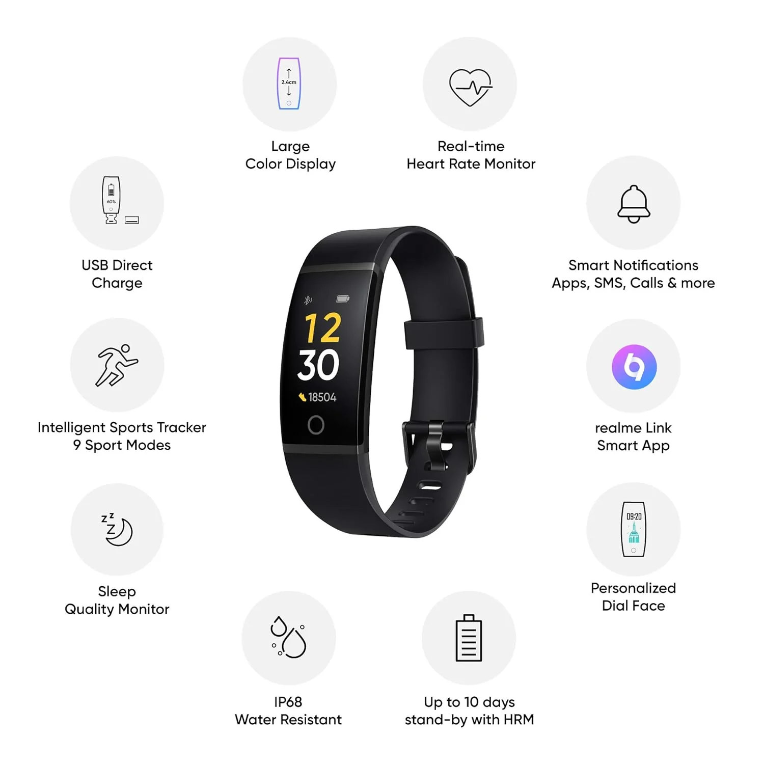 Realme Band (Black) - Full Colour Screen with Touchkey, Real-time Heart Rate Monitor, in-Built USB Charging, IP68 Water Resistant - Image 2