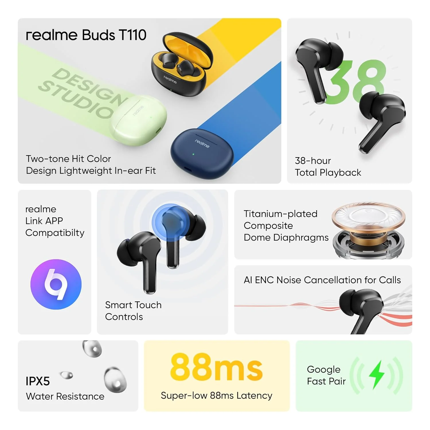 realme Earbuds T110 with Ai Enc for Calls, Upto 38 Hours of Playback and Fast Charging Bluetooth in Ear Headset (Punk Black, True Wireless) - Image 2