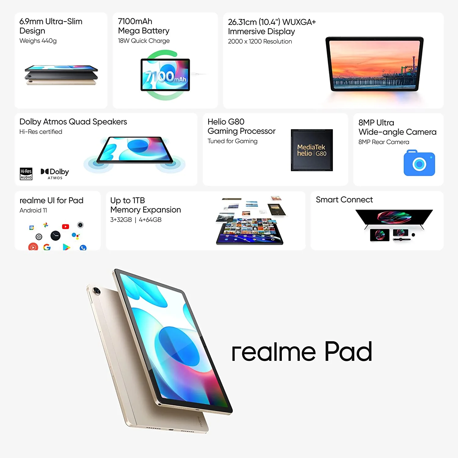 realme Pad Tablet | 26.4cm (10.4 inch) WUXGA+ Display | 7100 mAh Battery - Image 2
