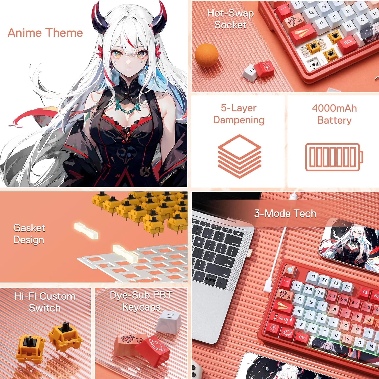 Redragon K673 PRO SE 75% 81 Keys Wireless Gasket RGB Gaming Keyboard, 3-Mode Anime Mechanical Keyboard w/Hot-Swap Socket, Dedicated Knob Control & 5-Layer Noise Dampening, Custom Hi-Fi Linear Switch - Image 2
