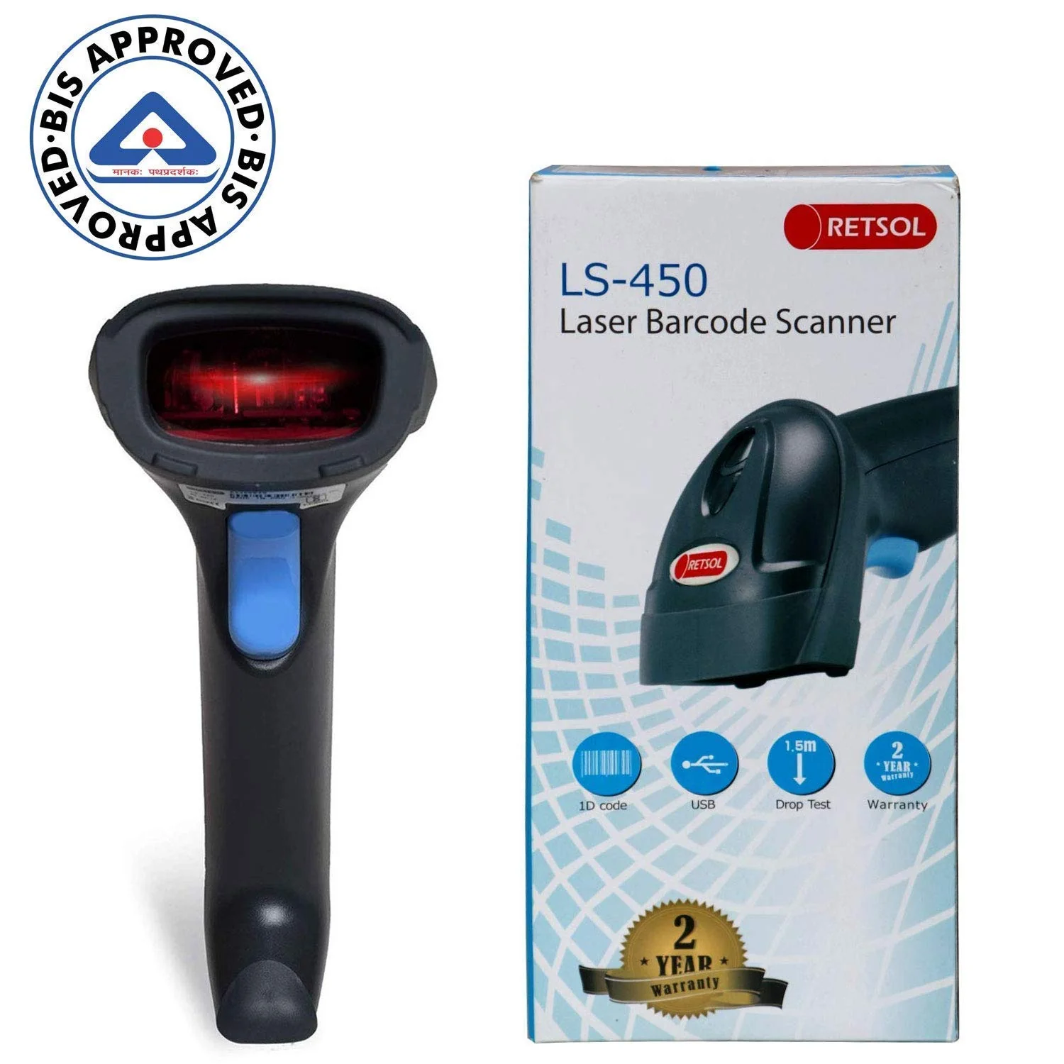 RETSOL LS 450 Laser Barcode Scanner BIS Approved Handheld 1D USB Wired Barcode Reader Optical Laser High Speed for Warehouse Supermarket POS System - Image 8