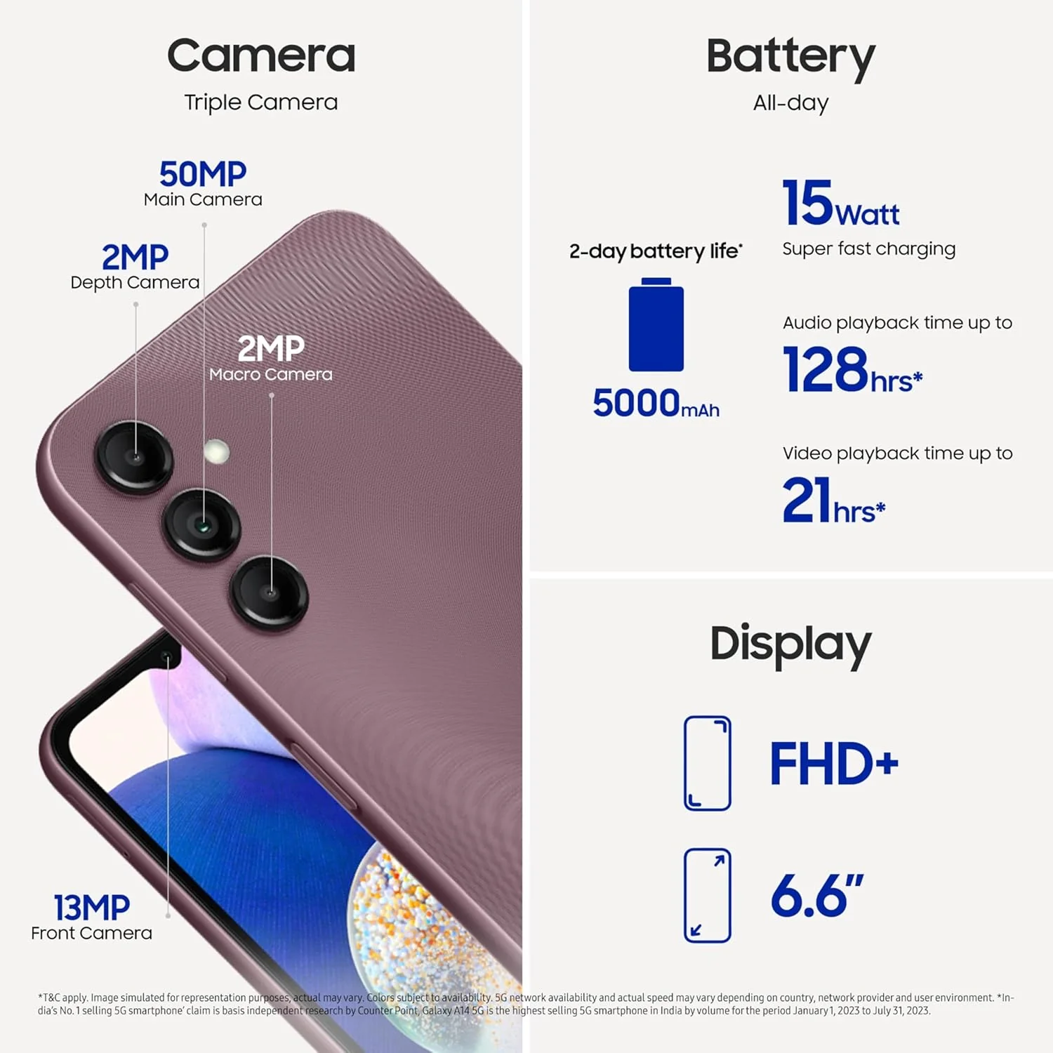 Samsung Galaxy A14 5G (Dark Red, 6GB, 128GB Storage) | Triple Rear Camera (50 MP Main) | Upto 12 GB RAM with RAM Plus | Without Charger - Image 7