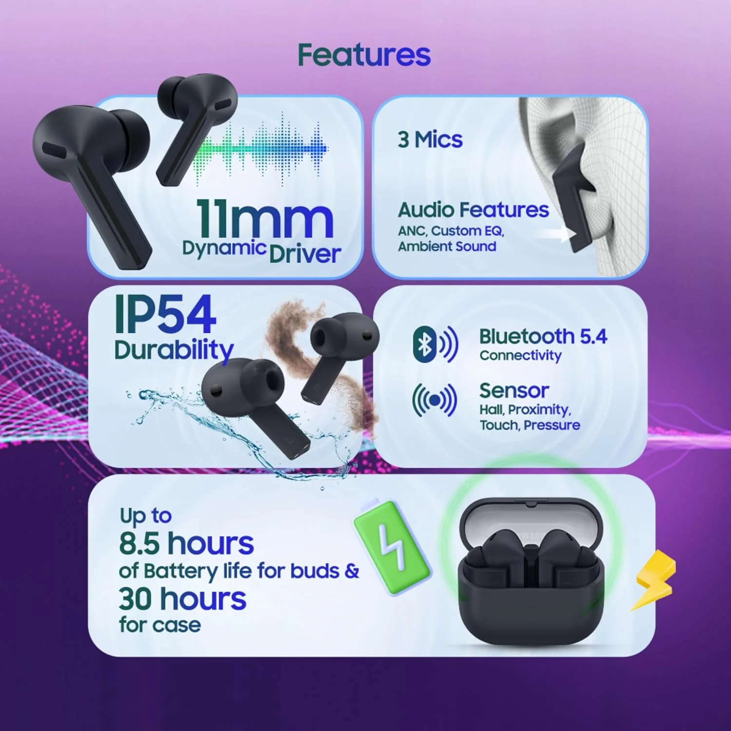 Samsung Galaxy Buds3 FE (Black) with Galaxy AI | ANC | 360-Audio | IP54 | 11mm Dynamic Driver - Image 2
