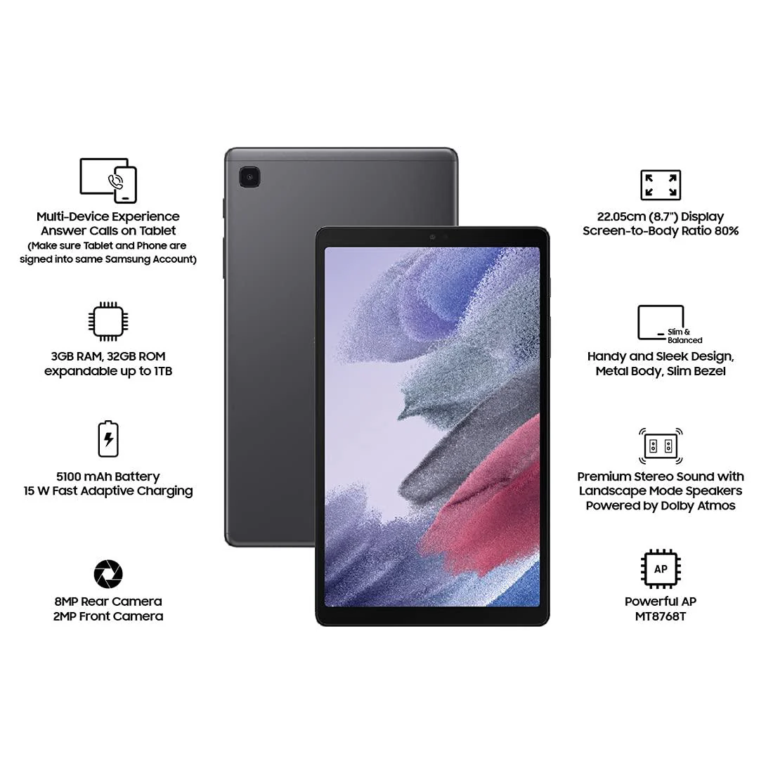 Samsung Galaxy Tab A7 Lite 22.05 cm (8.7 inch), Slim Metal Body, Dolby Atmos Sound, RAM 3 GB, ROM 32 GB Expandable - Image 2