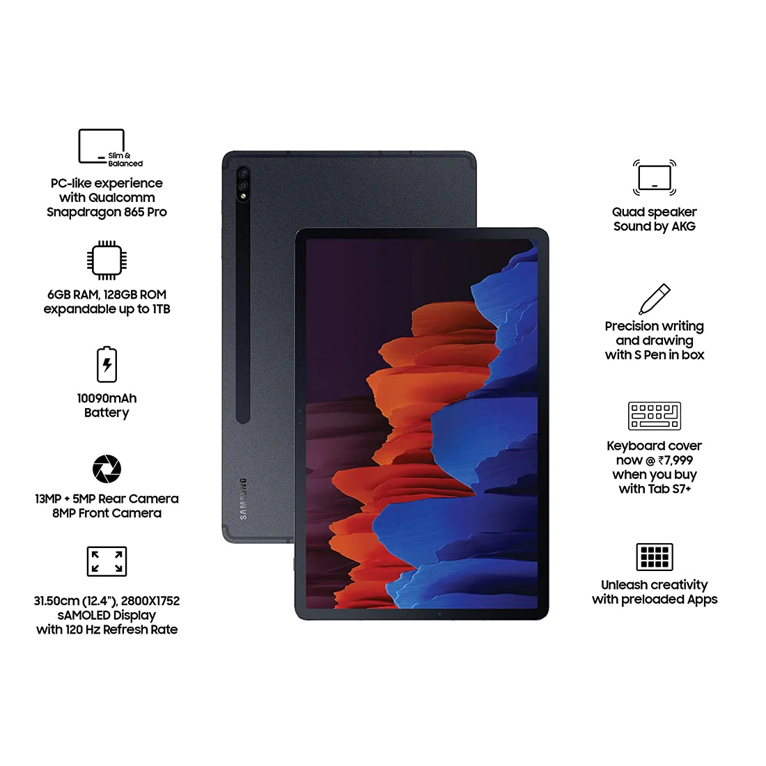 Samsung Galaxy Tab S7+ 31.5 cm (12.4 inch) Super AMOLED 120 Hz Display, S-Pen in Box, Quad Speakers, 6 GB RAM 128 GB ROM, Wi-Fi Tablet, (Mystic Black) - Image 4