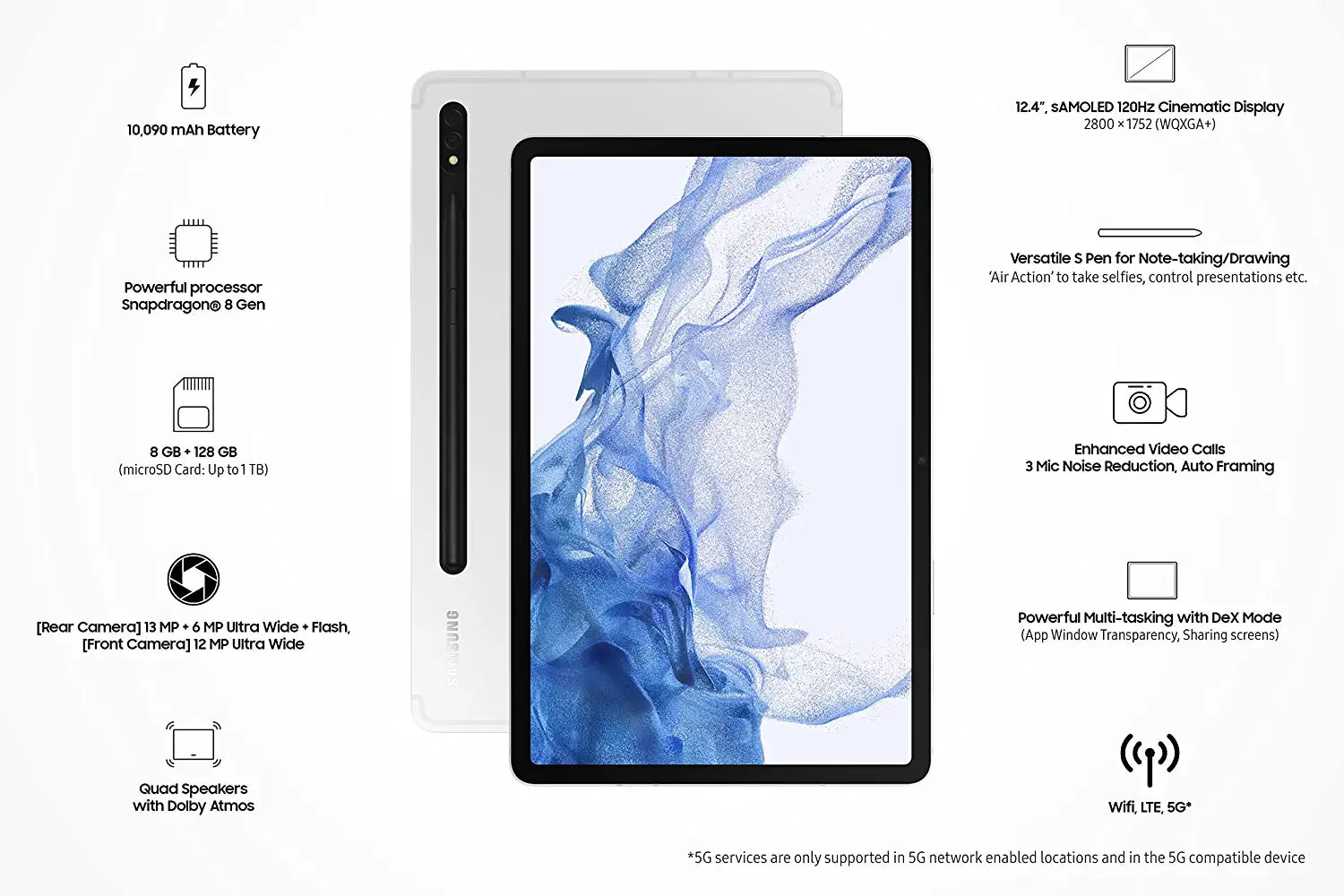 Samsung Galaxy Tab S8 27.94 cm (11 inch) Display, RAM 8 GB, ROM 128 GB Expandable, S Pen in-Box, Wi-Fi+5G Tablet, Graphite - Image 3