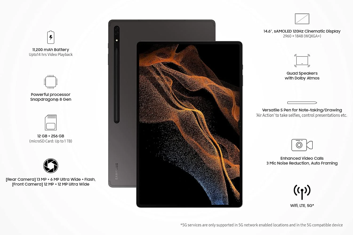 Samsung Galaxy Tab S8 Ultra 37.08 cm (14.6 inch) sAMOLED Display, RAM 12 GB, ROM 256 GB Expandable, S Pen in-Box, Wi-Fi +5G Tablet, Graphite - Image 5
