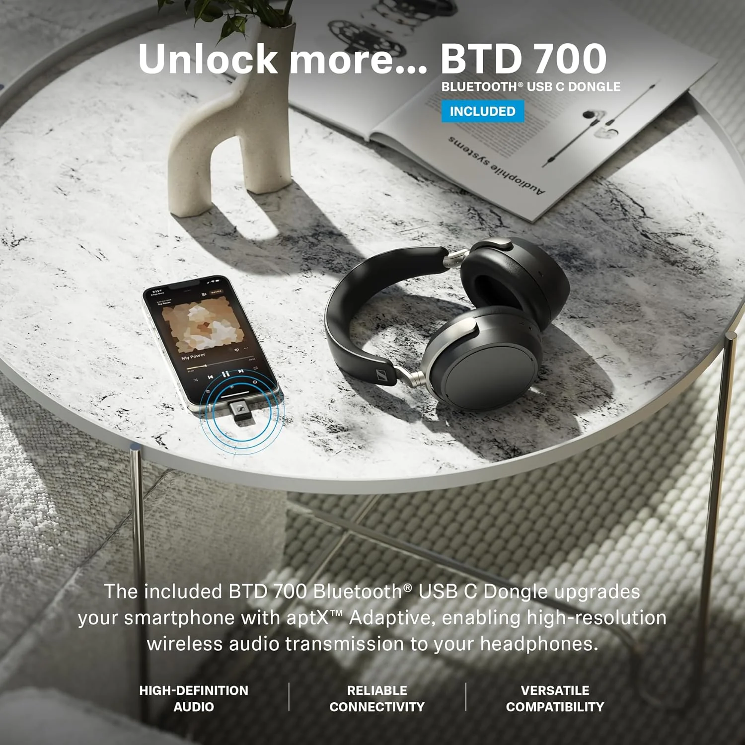 Sennheiser HDB 630 Hi-Res Wireless Headphones, 42 mm Drivers, aptX HD Adaptive, ANC, 60h Battery, Parametric EQ & Crossfeed Feature, BTD 700 USB-C Dongle - Image 6