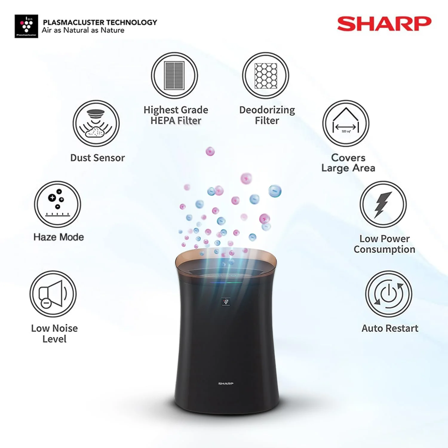 Sharp Air Purifier for Homes / Offices Dual Purification , Plasmacluster Technology,(True HEPA+Carbon+Pre-Filter) Captures 99.97% of Impurities FP-F40E-T Brown 7 Years Warranty - Image 5