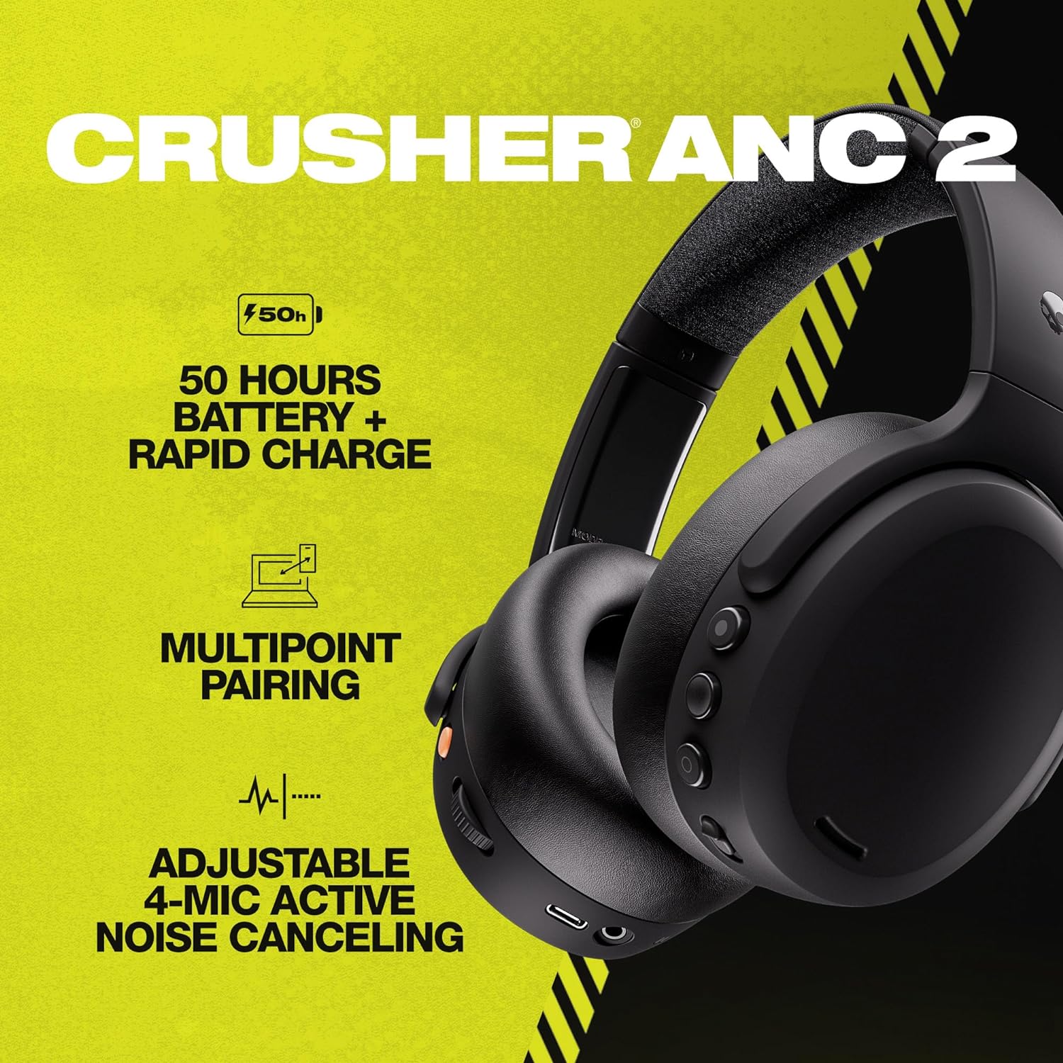 Skullcandy Crusher ANC 2 Over-Ear Noise Cancelling Wireless Headphones with Sensory Bass | 50 Hours Battery Life - Image 5