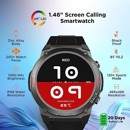 Skyball Rigor Smart Watch|1.46" Super AMOLED Round Display with 466 * 466 Pixel Resolution with Industry Best 1000 NITS Brightness|Bt Calling|120+ Sports Modes|200+ WatchFaces, Black - Image 3