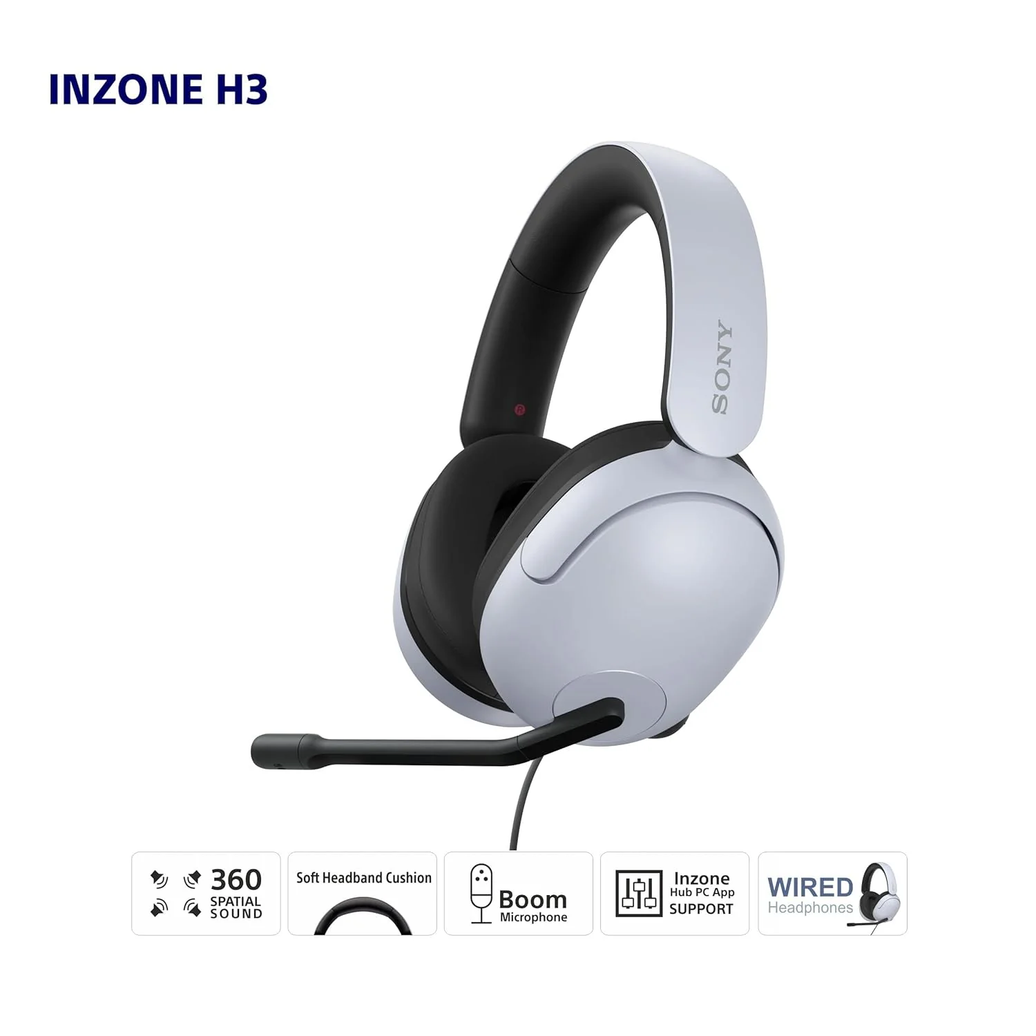 Sony INZONE H3, MDR-G300 Wired Gaming Headset, Over-Ear Headphones with 360 Spatial Sound, USB Wired Over-Ear Professional + USB Connector, flip to Mute mic, App Support & PC Compatible (White) - Image 7