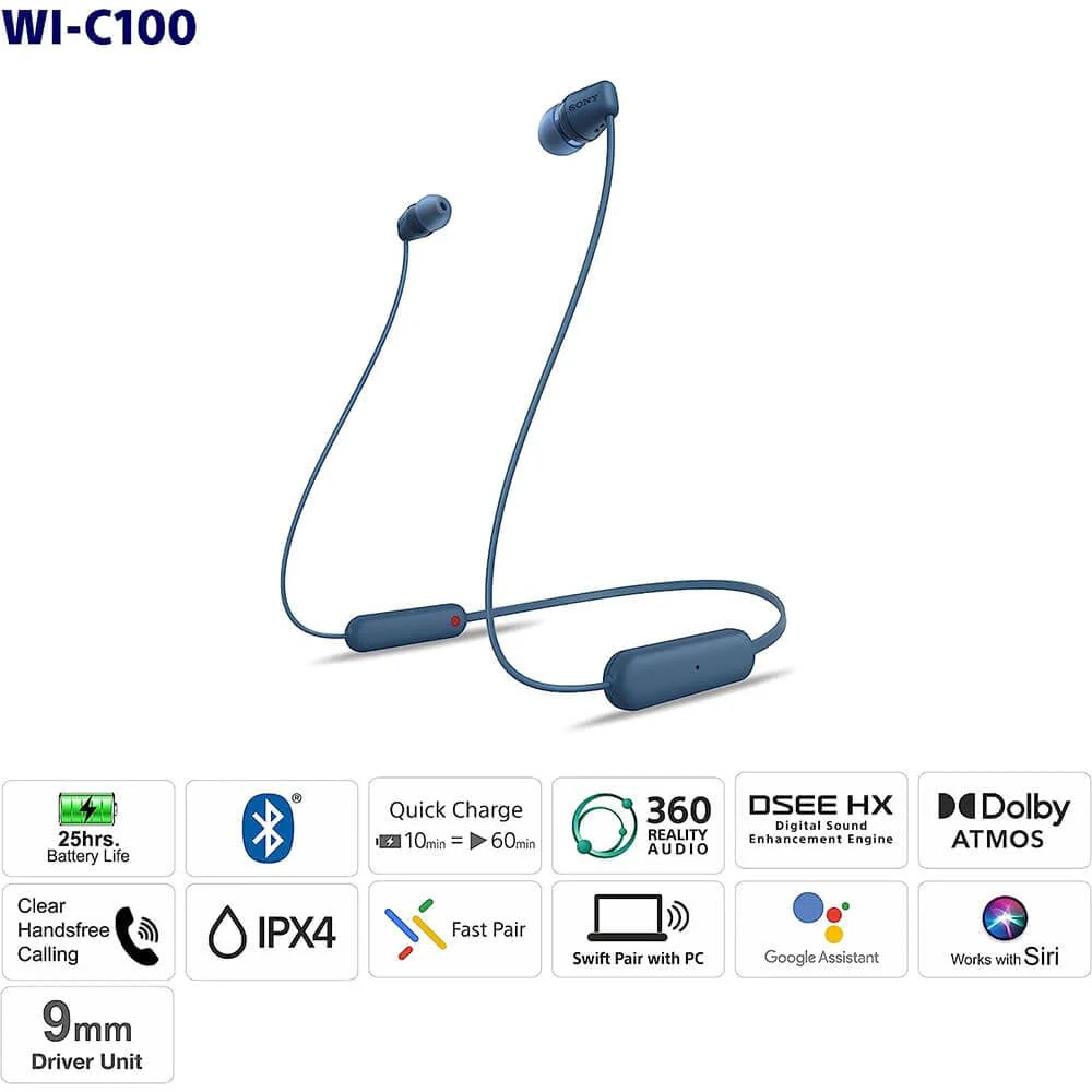 Sony WI-C100 Wireless Headphones with Customizable Equalizer for Deep Bass & 25 Hrs Battery, DSEE-Upscale, Splash Proof, 360RA, Fast Pair, in-Ear Bluetooth Headset with mic for Phone Calls - Image 5
