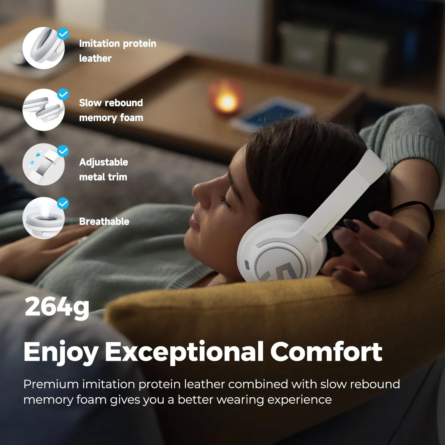 SoundPEATS Space Hybrid Active Noise Cancelling Headphones, Wireless Over Ear Bluetooth Headset, 123H Playtime, Hi-Res Audio Wired, APP Custom EQ, Deep Bass, Comfort Ear Cups, for Home Office Travel - Image 7