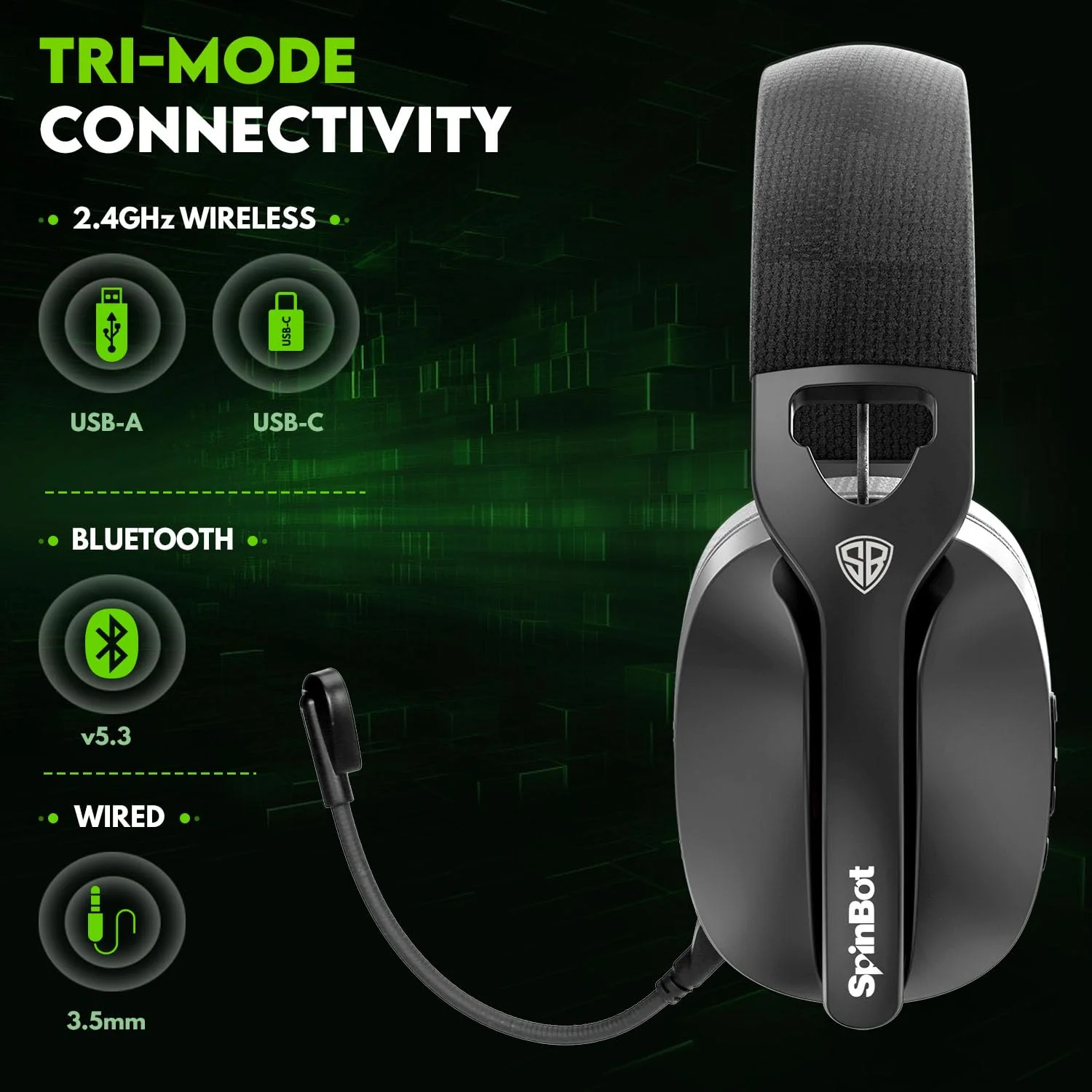 SpinBot Ranger HX500 Over-Ear Tri-Mode Wireless Gaming Headphones | Dual 2.4GHz + Bluetooth + Wired | 28ms Ultra-Low Latency | Detachable Boom Mic | 25Hrs Play Time (Black) - Image 2