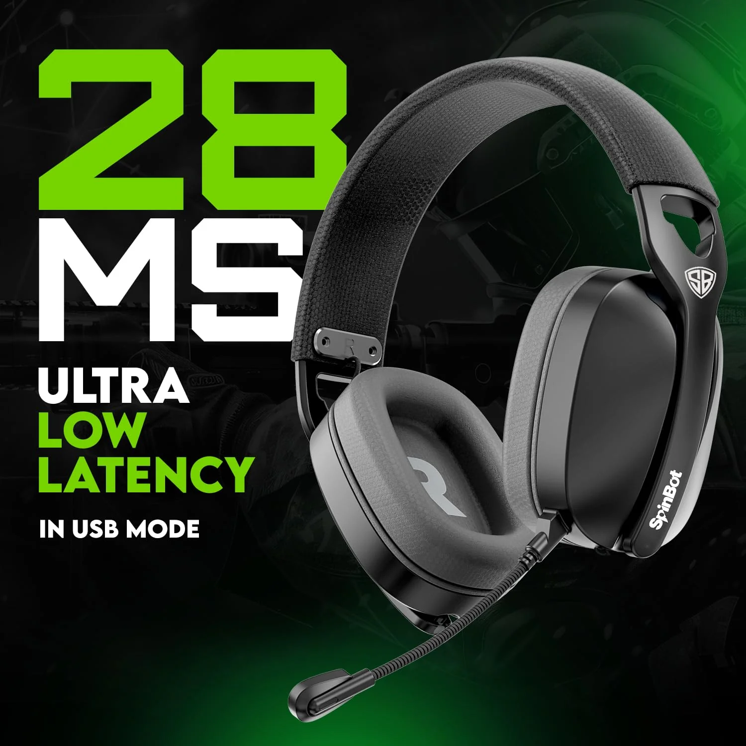 SpinBot Ranger HX500 Over-Ear Tri-Mode Wireless Gaming Headphones | Dual 2.4GHz + Bluetooth + Wired | 28ms Ultra-Low Latency | Detachable Boom Mic | 25Hrs Play Time (Black) - Image 3