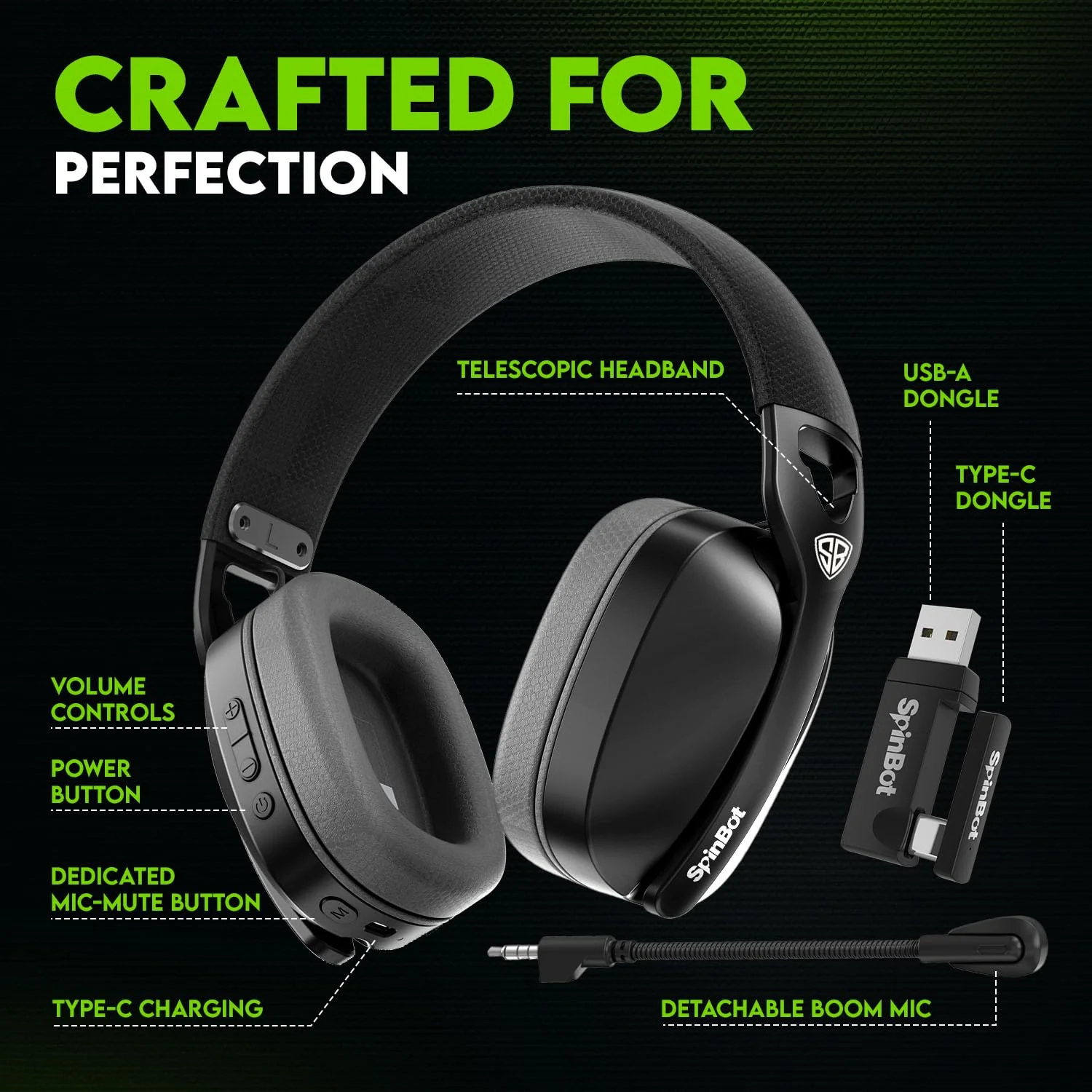 SpinBot Ranger HX500 Over-Ear Tri-Mode Wireless Gaming Headphones | Dual 2.4GHz + Bluetooth + Wired | 28ms Ultra-Low Latency | Detachable Boom Mic | 25Hrs Play Time (Black) - Image 4