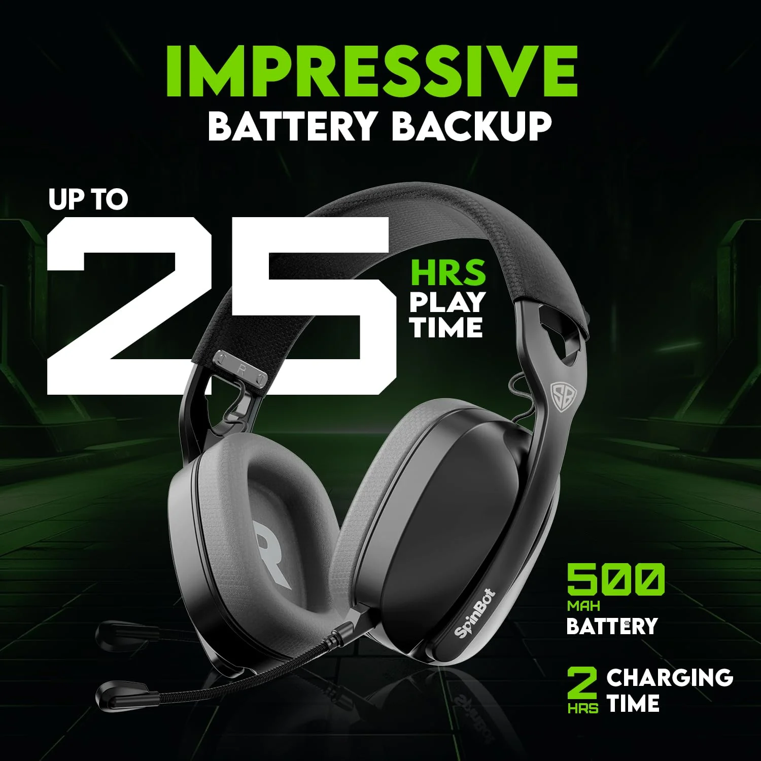 SpinBot Ranger HX500 Over-Ear Tri-Mode Wireless Gaming Headphones | Dual 2.4GHz + Bluetooth + Wired | 28ms Ultra-Low Latency | Detachable Boom Mic | 25Hrs Play Time (Black) - Image 5