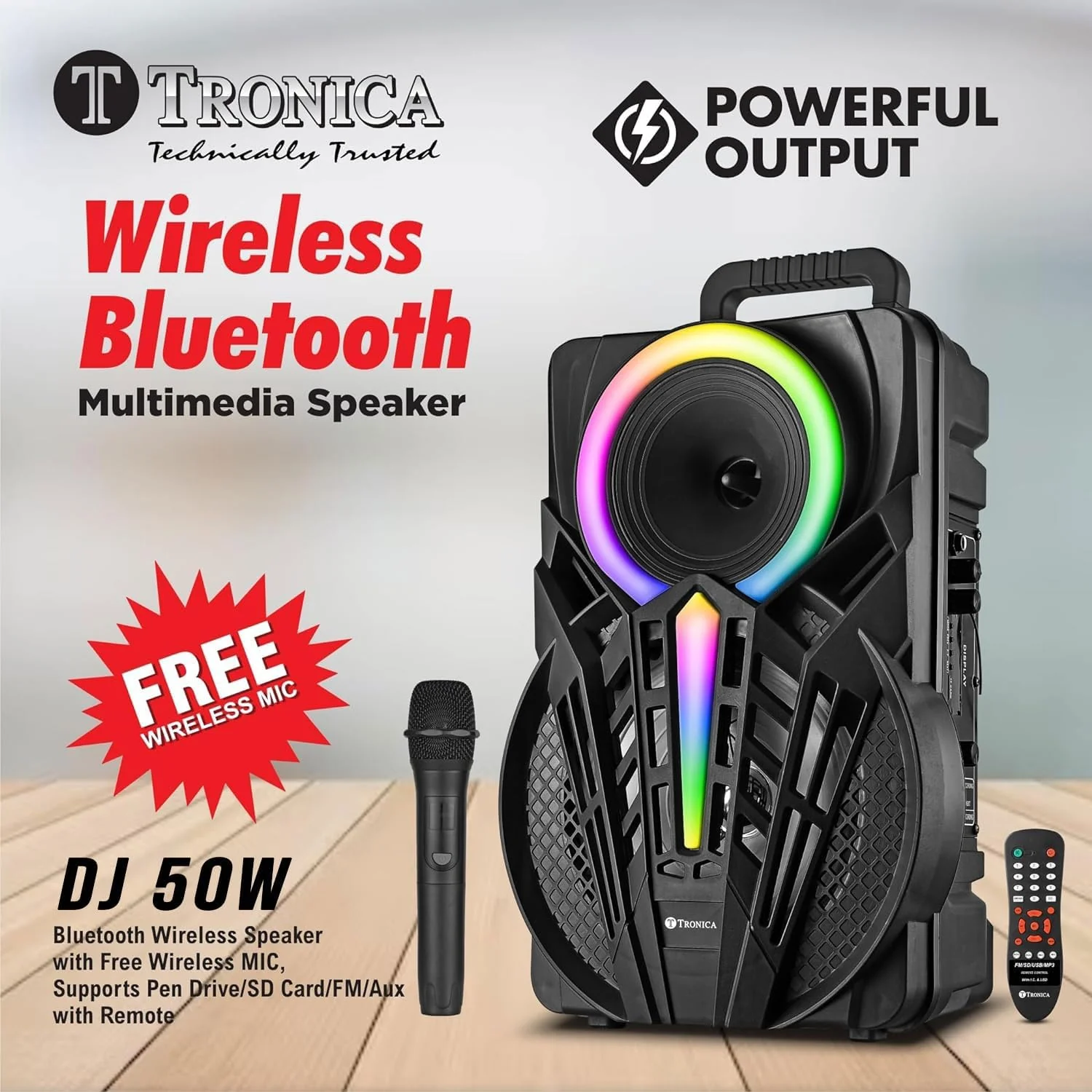 TRONICA Sargam PRO Wireless Bluetooth Speaker 50W Boombox Party Portable Speaker Supporting LED Display, RGB Lights, USB, SD Card, AUX, MIC in, FM, TWS, Home Audio Speakers Free Wireless Mic - Image 3