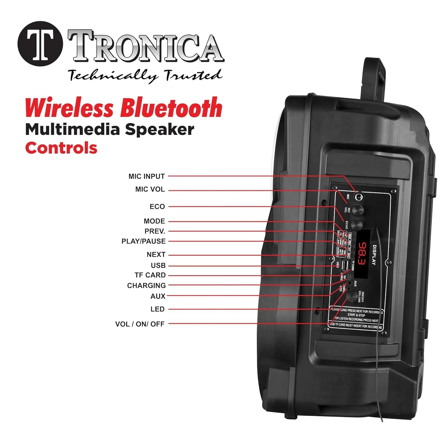TRONICA Sargam PRO Wireless Bluetooth Speaker 50W Boombox Party Portable Speaker Supporting LED Display, RGB Lights, USB, SD Card, AUX, MIC in, FM, TWS, Home Audio Speakers Free Wireless Mic - Image 5
