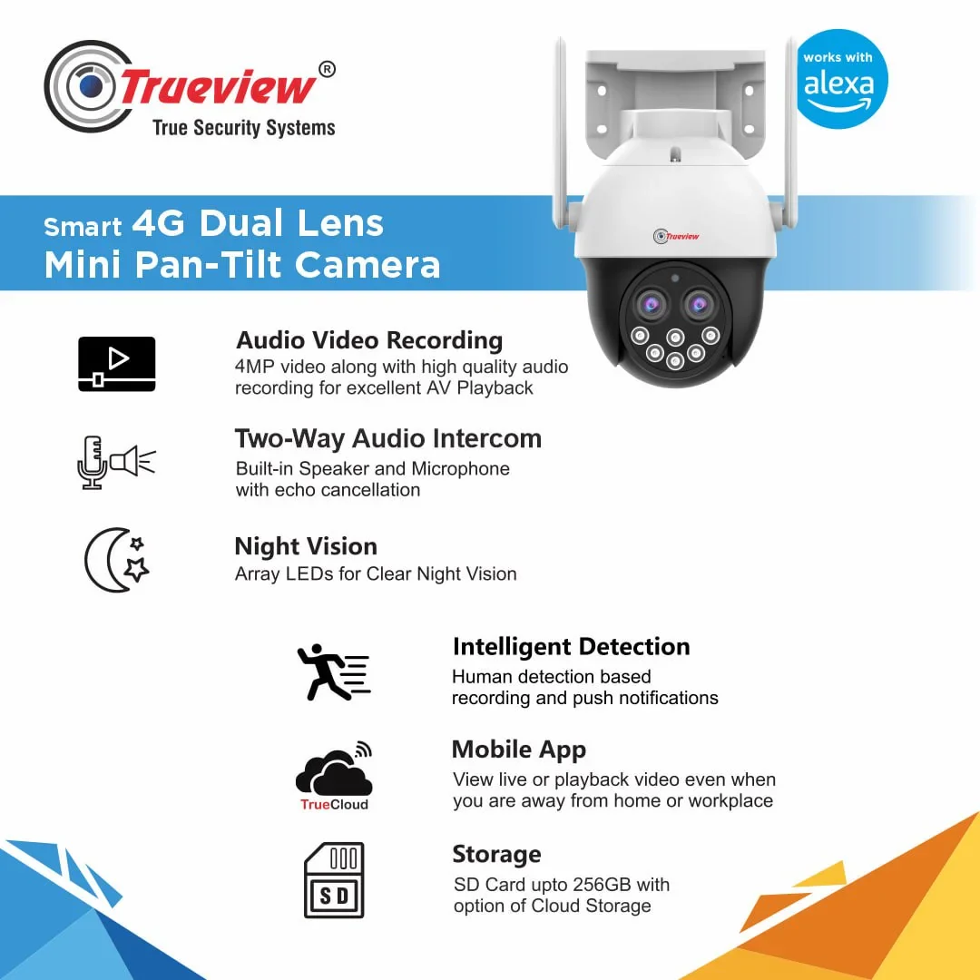 Trueview 4MP Smart CCTV Dual Lens 4G Sim Based Pan/Tilt 10X Combined Zoom Outdoor Indoor Security Camera, Water Proof, 2 Way Talk, Cloud Storage - Image 3