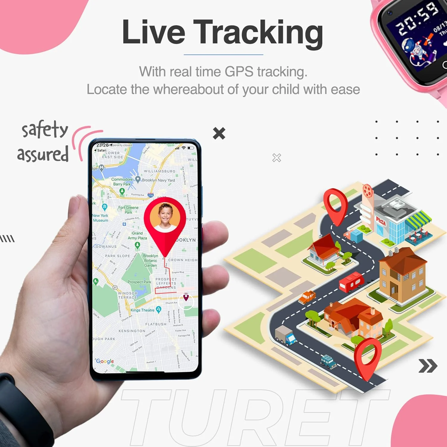 Turet Cotton Candy Pro 4G Smart Watches for Kids Girls & Boys, Live Tracker GPS Watch with Sim Support, Voice & Video Call, SOS, HD Camera, Alarm, Long Battery, Waterproof, Kids Smartwatch (Pink) - Image 3