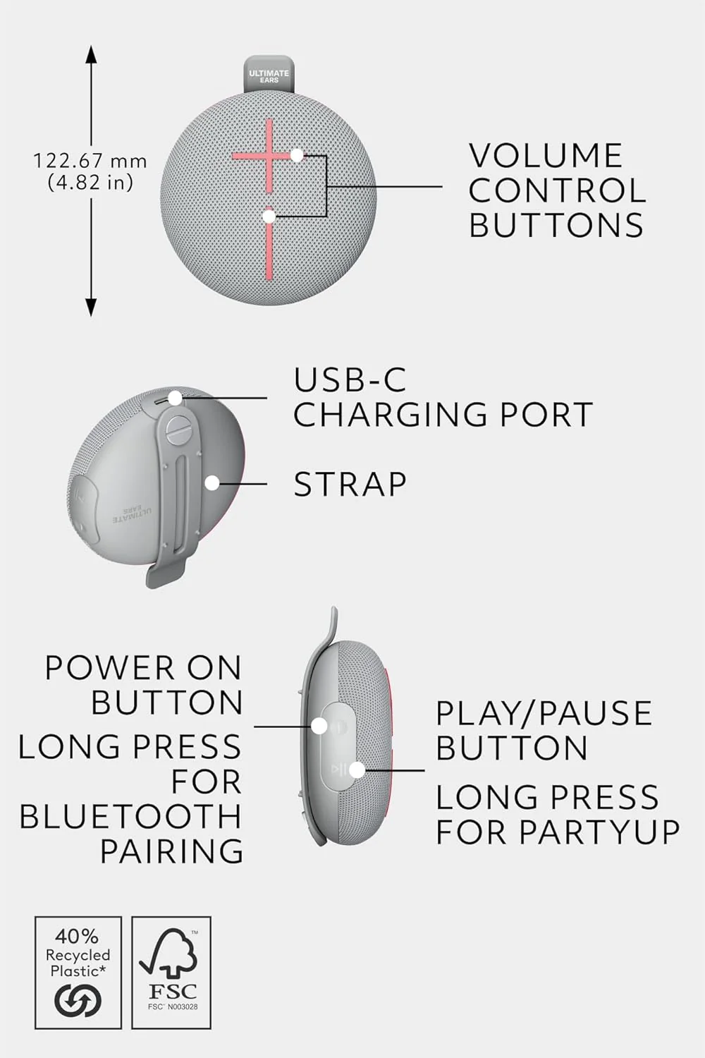 Ultimate Ears MINIROLL Ultra-Portable Waterproof Bluetooth Speaker, Big Bass, IP67 Dustproof, 40 m (131 ft) Range - Revive Grey - Image 7