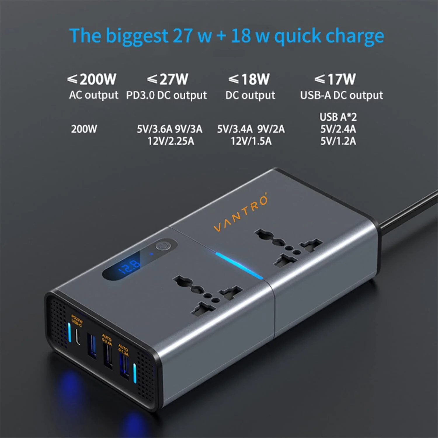 Vantro 200W Car Power Inverter/Laptop Charger with 3 USB (6.2A Max) & 1 C Type(1 * 27WPD) Smart USB Ports, 2 AC Universal Outlets and 12V DC to 220V AC with QC3.0 Model P2 - Image 2