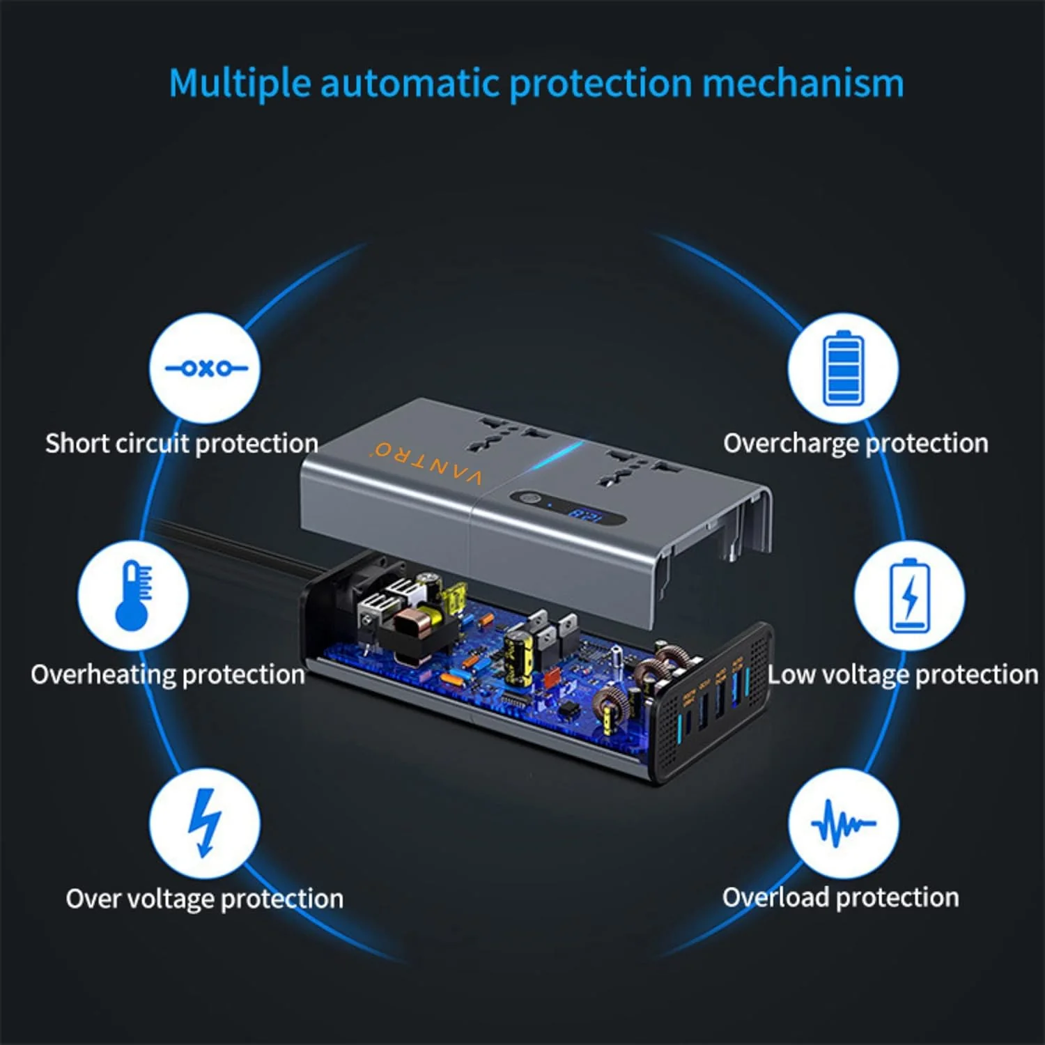 Vantro 200W Car Power Inverter/Laptop Charger with 3 USB (6.2A Max) & 1 C Type(1 * 27WPD) Smart USB Ports, 2 AC Universal Outlets and 12V DC to 220V AC with QC3.0 Model P2 - Image 8