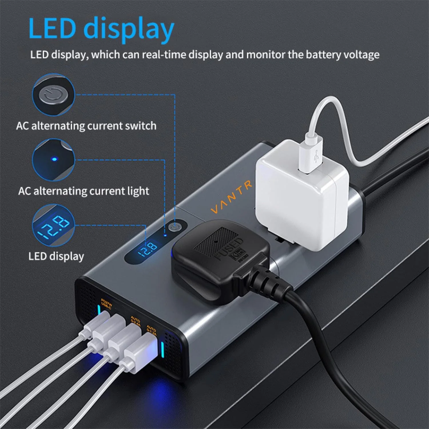 Vantro 200W Car Power Inverter/Laptop Charger with 3 USB (6.2A Max) & 1 C Type(1 * 27WPD) Smart USB Ports, 2 AC Universal Outlets and 12V DC to 220V AC with QC3.0 Model P2 - Image 9