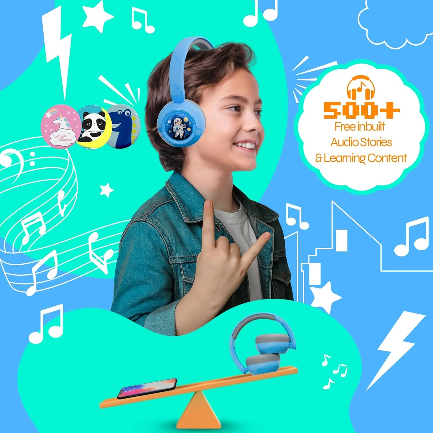 WatchOut Galaxy Kids Headphones with Safe Sound as per WHO, 500+ Inbuilt Audio Stories, DIY Magnets, LED, Bluetooth + Wired, Mic for School, Gift, Boys, Girls, Children, Teens, Age 3-18 - Image 4
