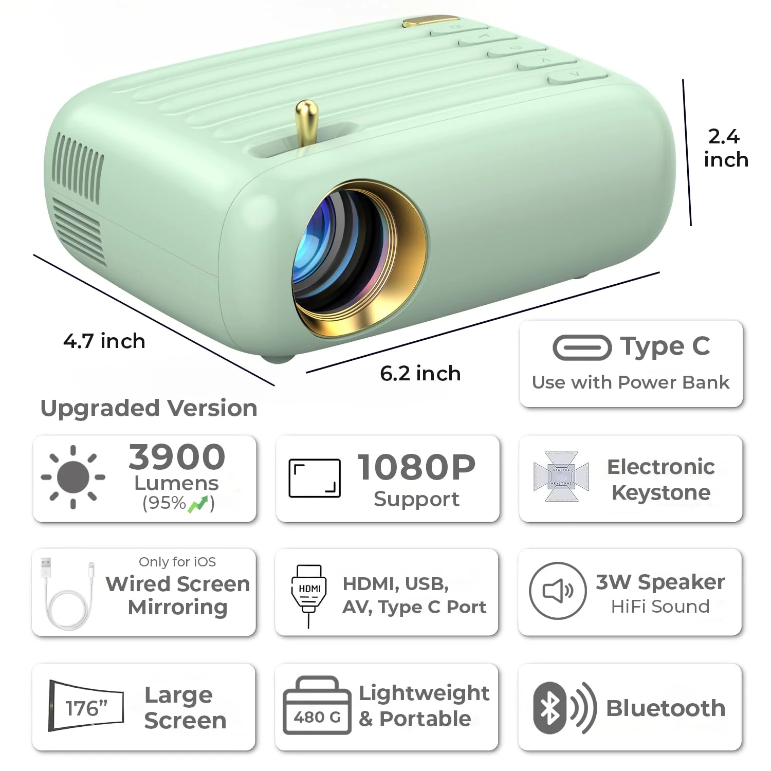 WZATCO Pixel Plus | Portable LED Projector | Native 720p Full HD 1080P Support | Electronic Keystone | Power via Powerbank | 3900 Lumens | 176" Max Screen | Home & Outdoor Cinema | Bluetooth | Green - Image 2
